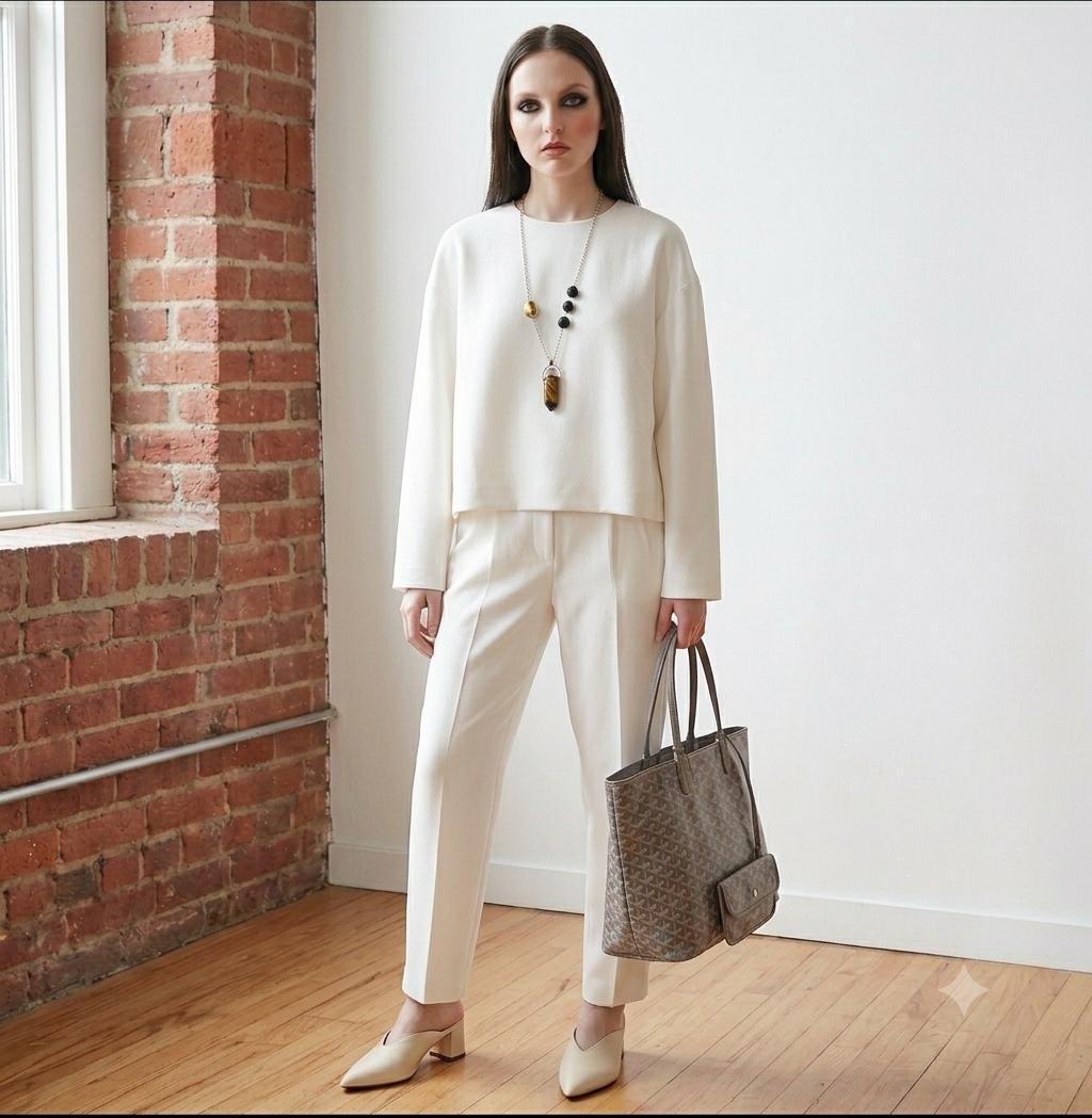 Model in white two-piece lounge set with Goyard tote — Monday work week wardrobe