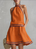 Women's Striped Trim Choker Neck Sleeveless Mini Dress