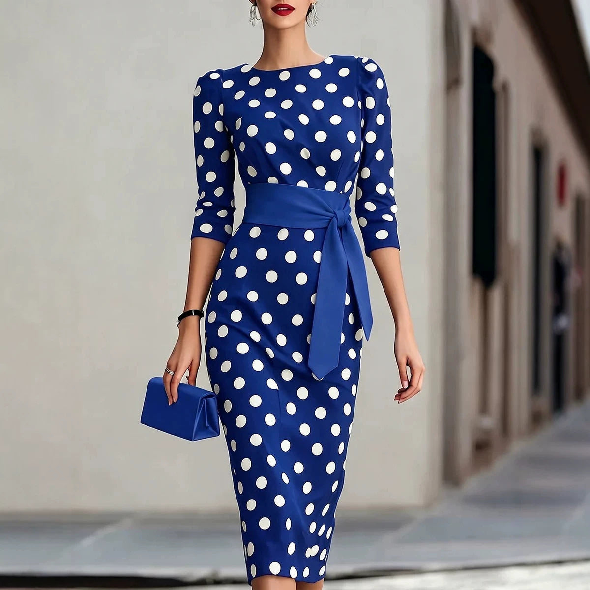 Women's Retro Polka-Dot Bodycon Midi Dress – Belted Cross-Tie