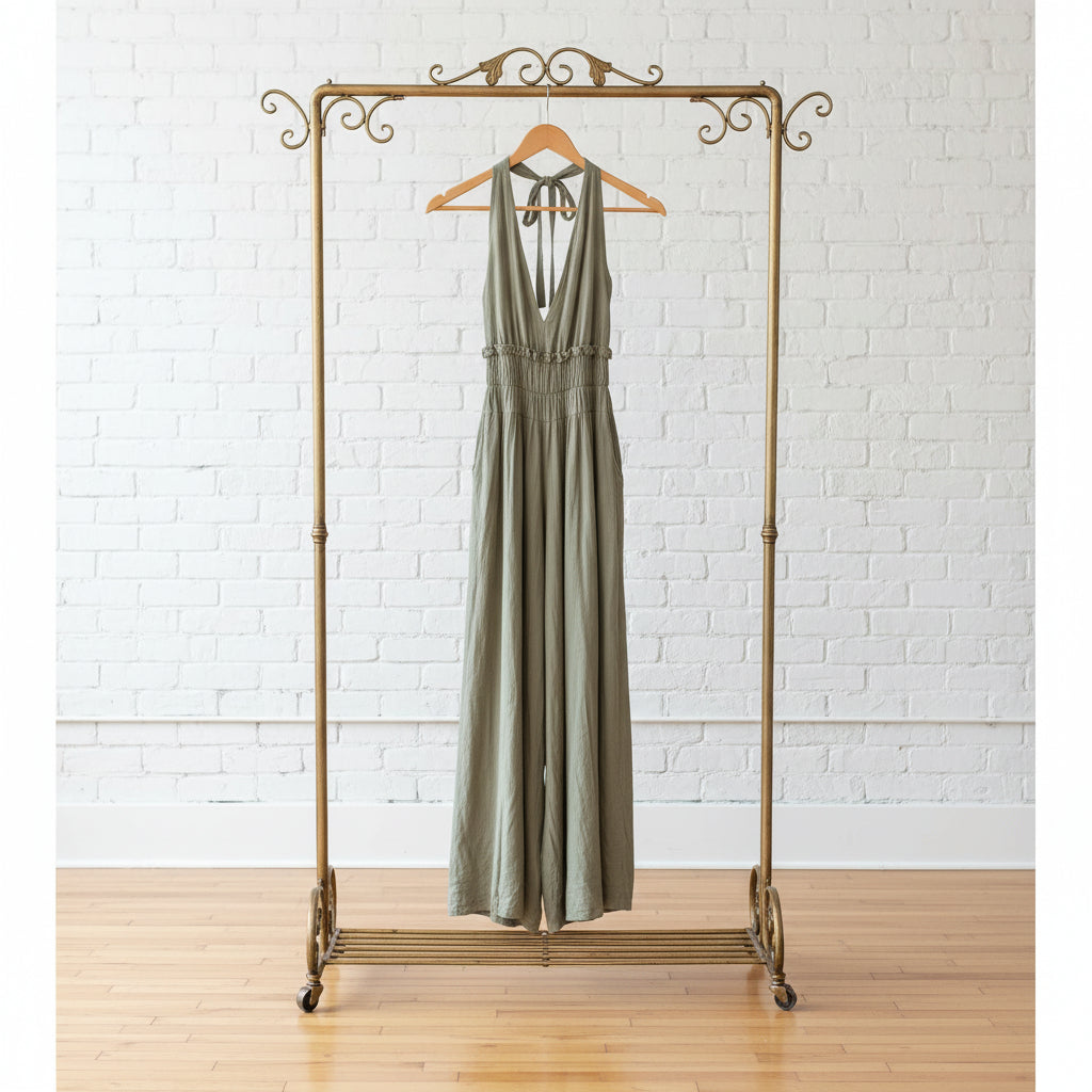 Women's V-Neck Halter Jumpsuit – Sleeveless Open Back Waist-Cinching