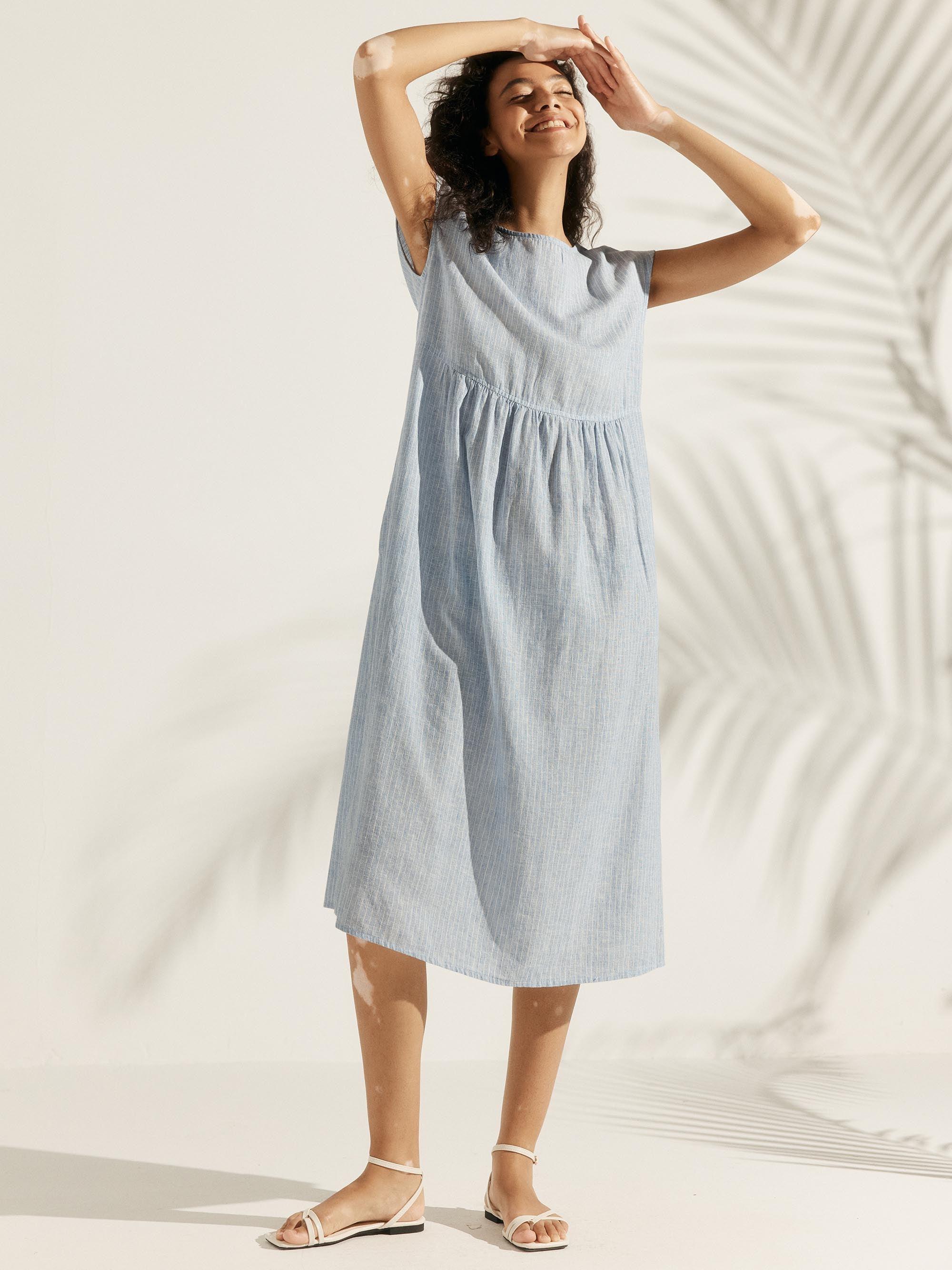 100% Linen Cap Sleeve Washed Midi Dress JOAN