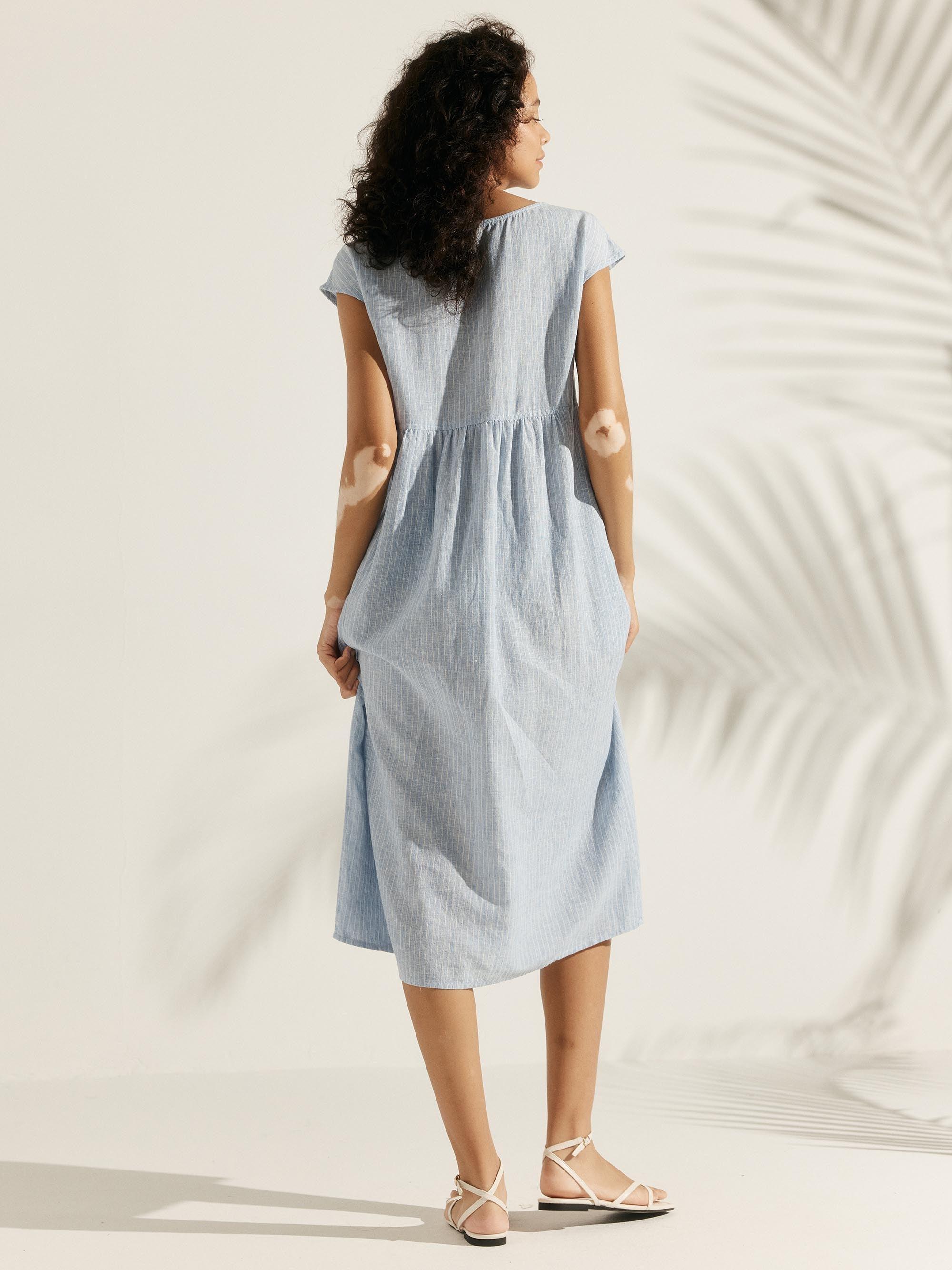 100% Linen Cap Sleeve Washed Midi Dress JOAN