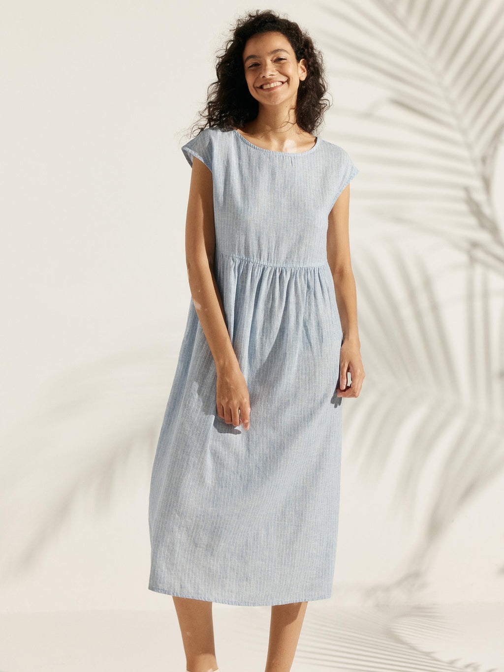 100% Linen Cap Sleeve Washed Midi Dress JOAN