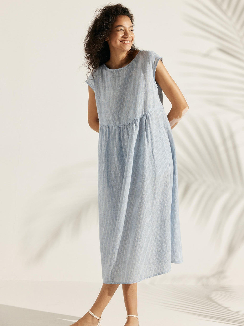 100% Linen Cap Sleeve Washed Midi Dress JOAN