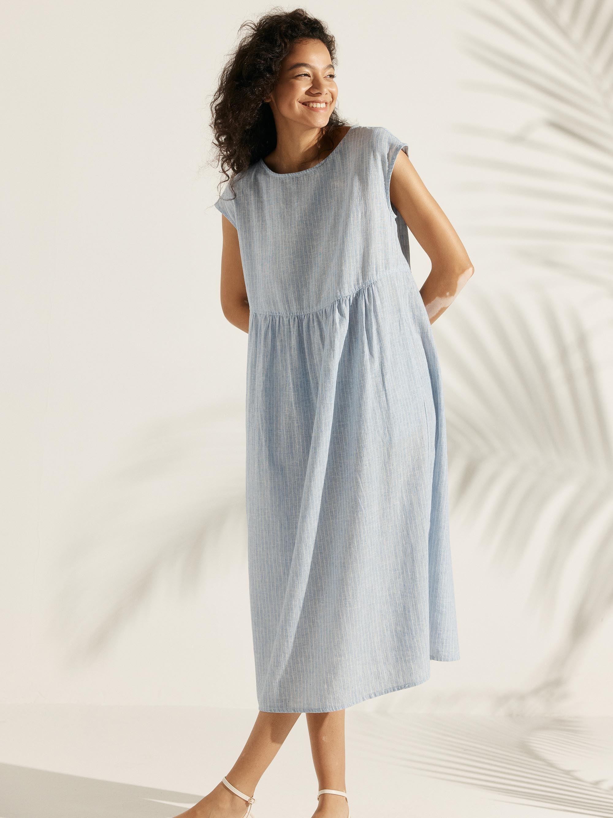 Linen Striped Cap Sleeve Washed Midi Dress JOAN