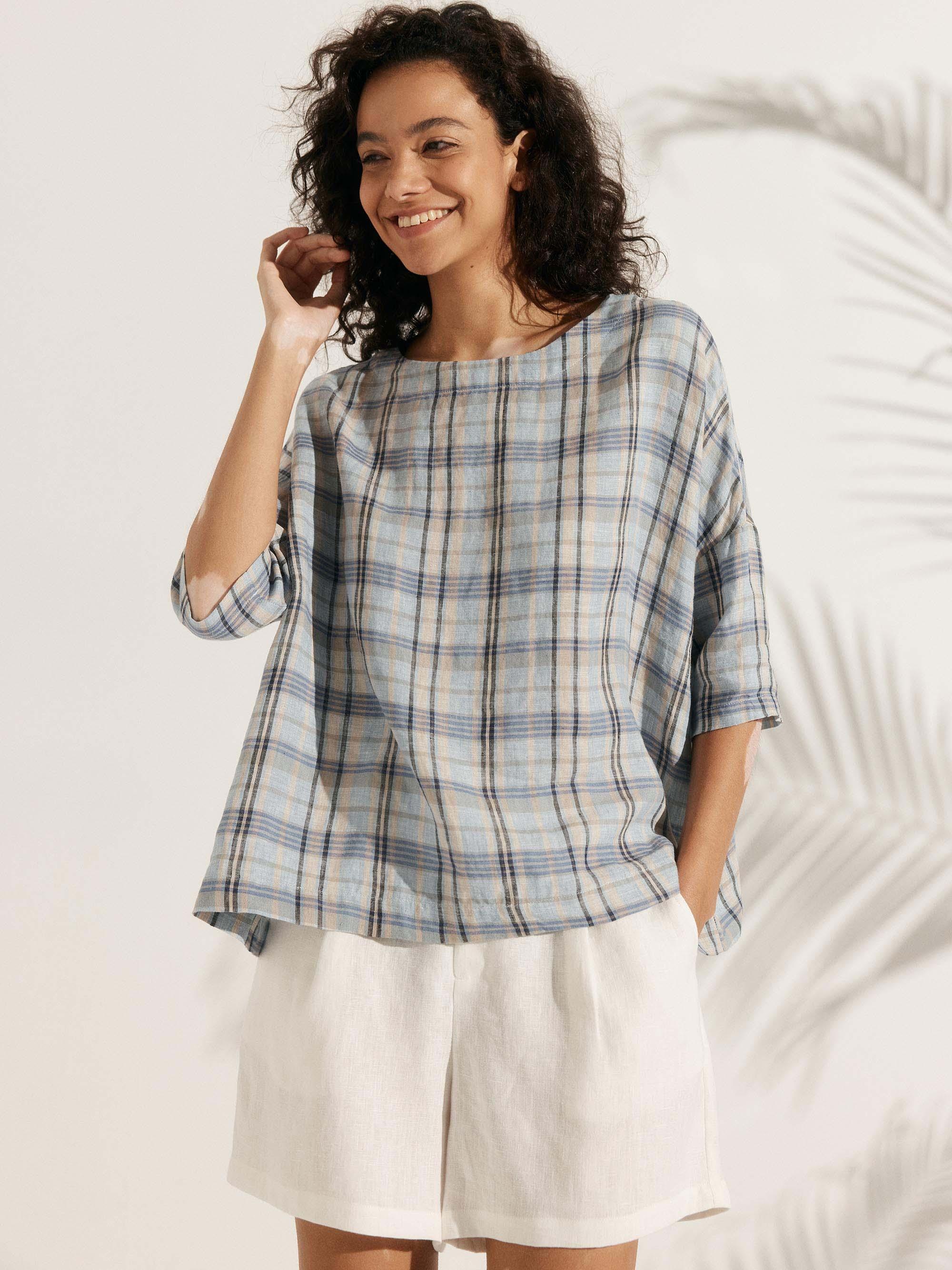 100% Linen Gingham Checked Boatneck 3/4 Length Sleeve Top AURORA