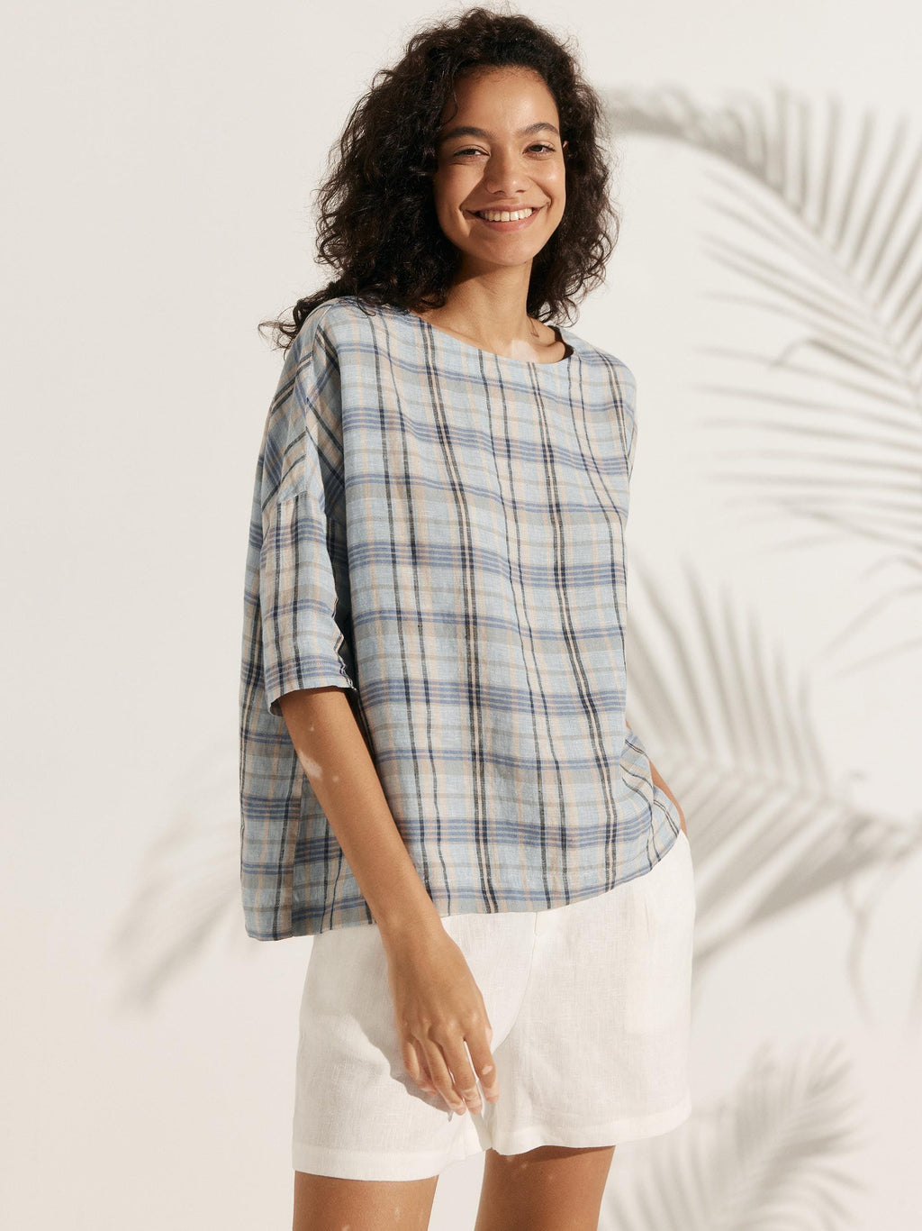 100% Linen Gingham Checked Boatneck 3/4 Length Sleeve Top AURORA