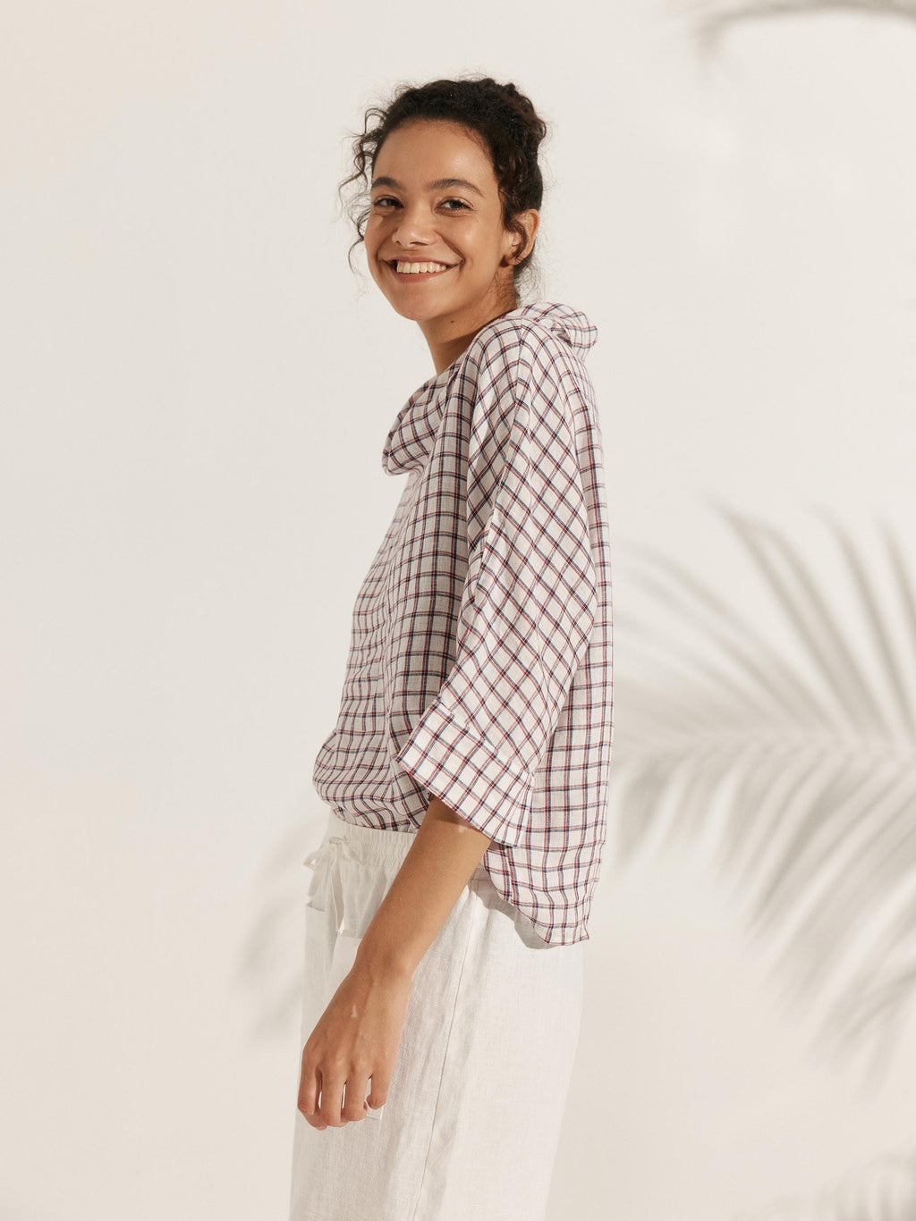 100% Linen Dropped Collar Long-Sleeve Top TRISTAN