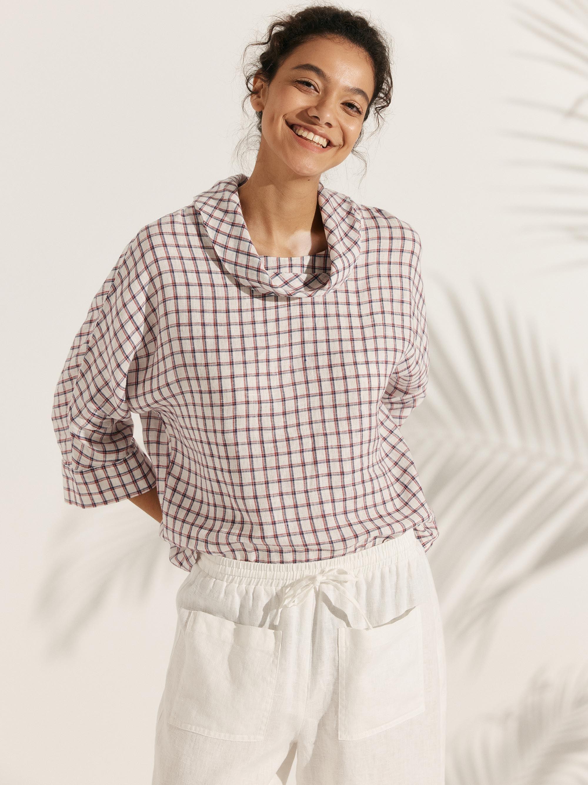100% Linen Dropped Collar Long-Sleeve Top TRISTAN