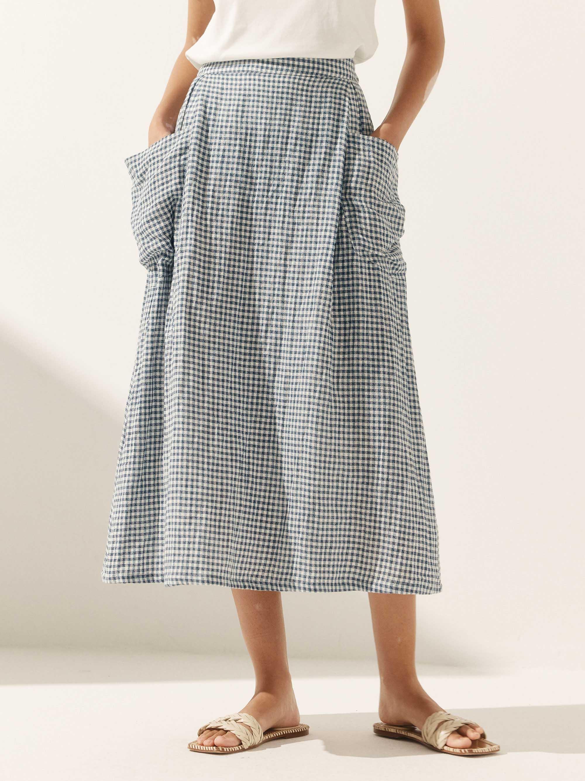 Linen Checked Elastic Waist Skirt MARINA