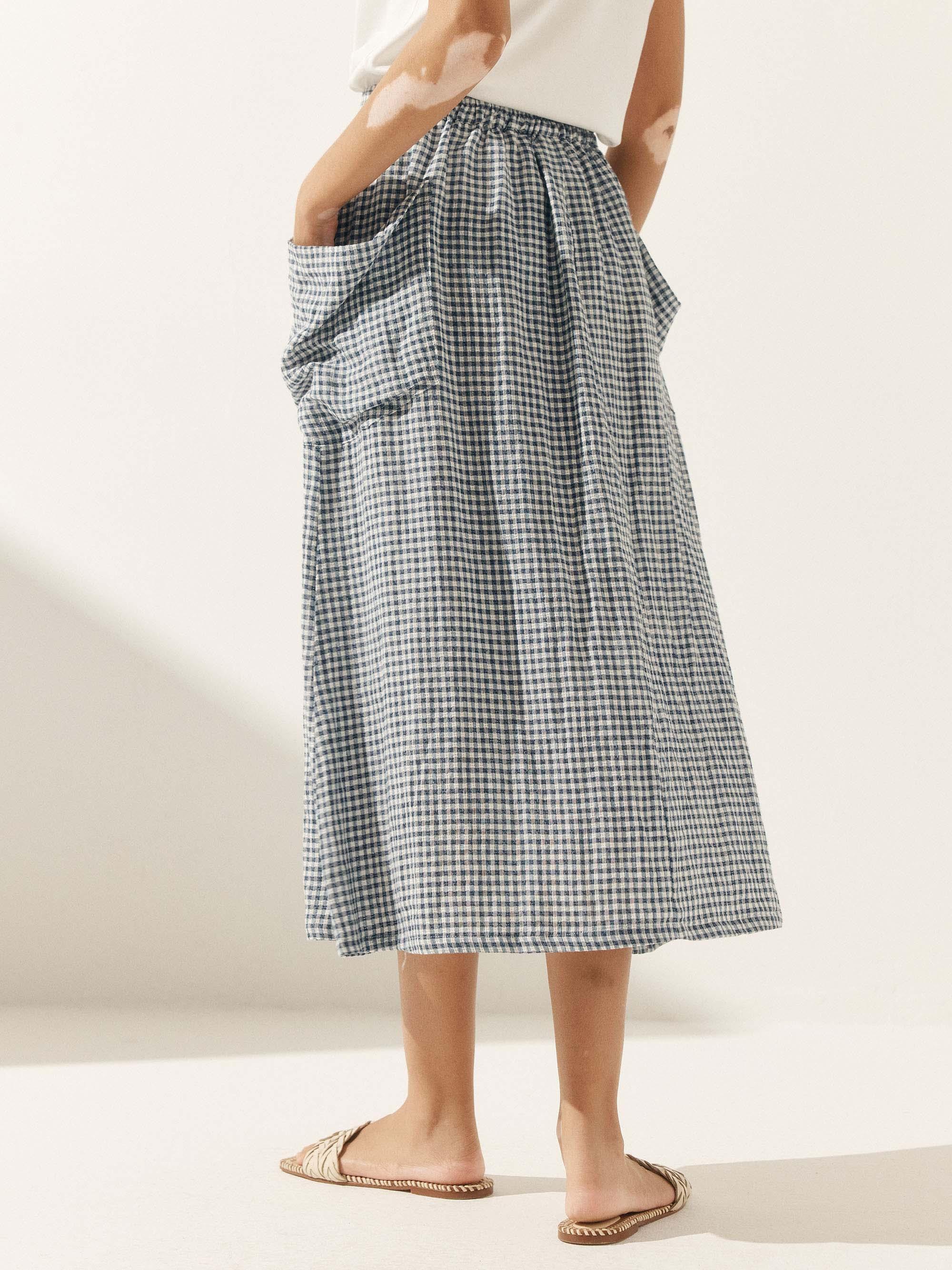 Linen Checked Elastic Waist Skirt MARINA