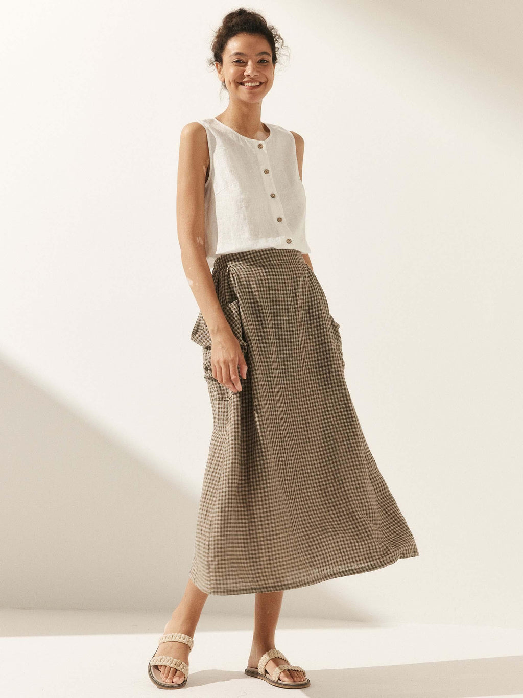 Linen Checked Elastic Waist Skirt MARINA