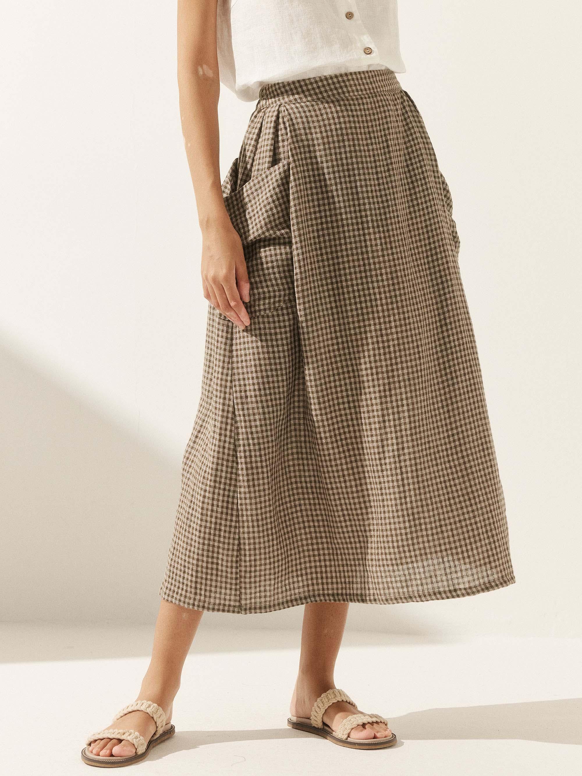 Linen Checked Elastic Waist Skirt MARINA
