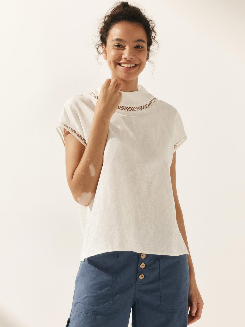 100% Linen Gingham Checked Cutout Turtleneck Top CAROL