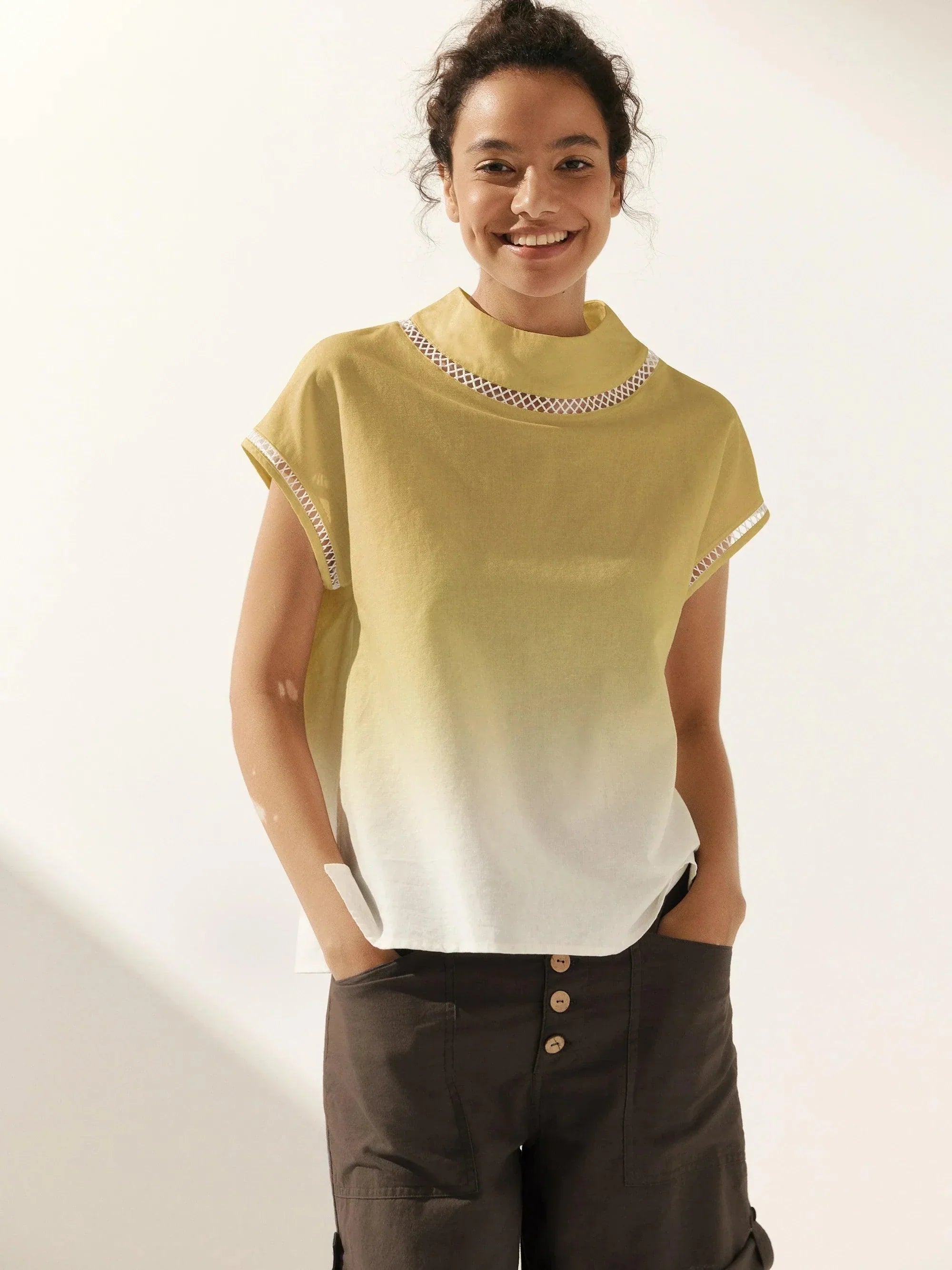 100% Linen Gingham Checked Cutout Turtleneck Top CAROL