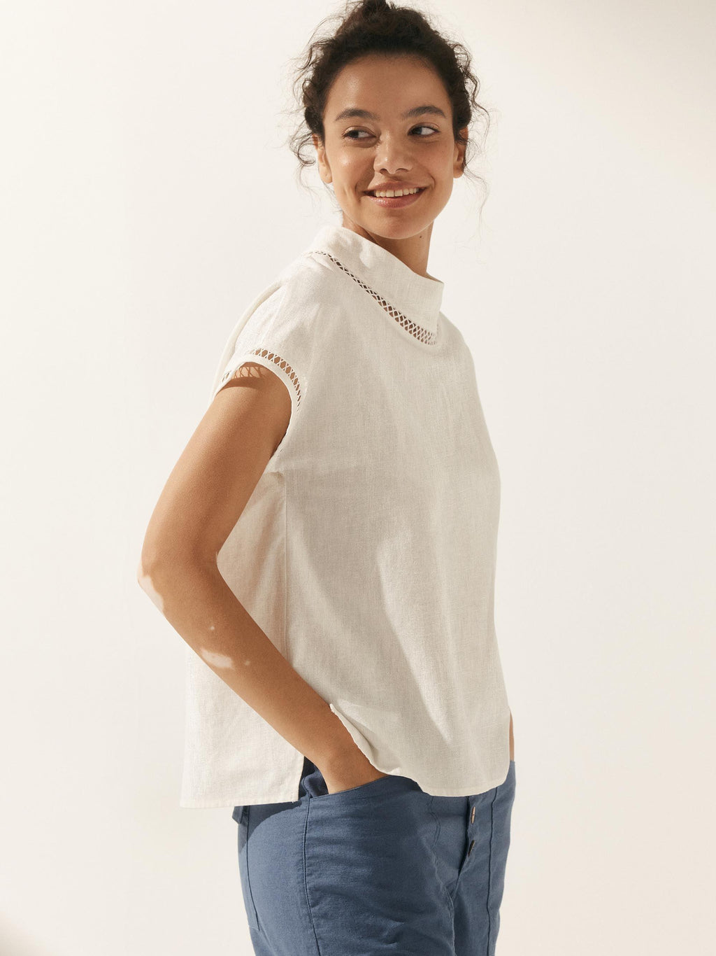 100% Linen Gingham Checked Cutout Turtleneck Top CAROL