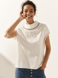100% Linen Gingham Checked Cutout Turtleneck Top CAROL