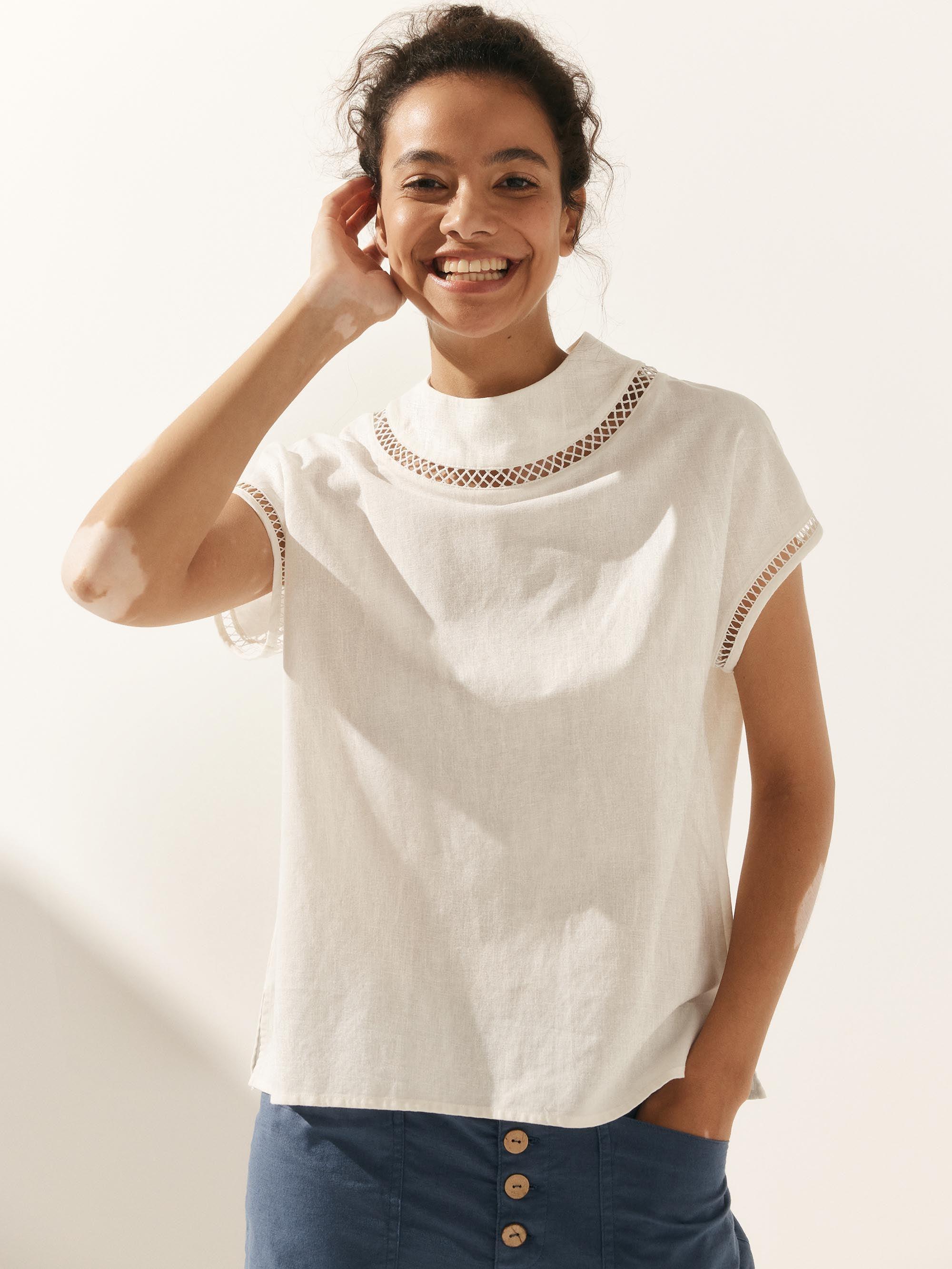 100% Linen Gingham Checked Cutout Turtleneck Top CAROL