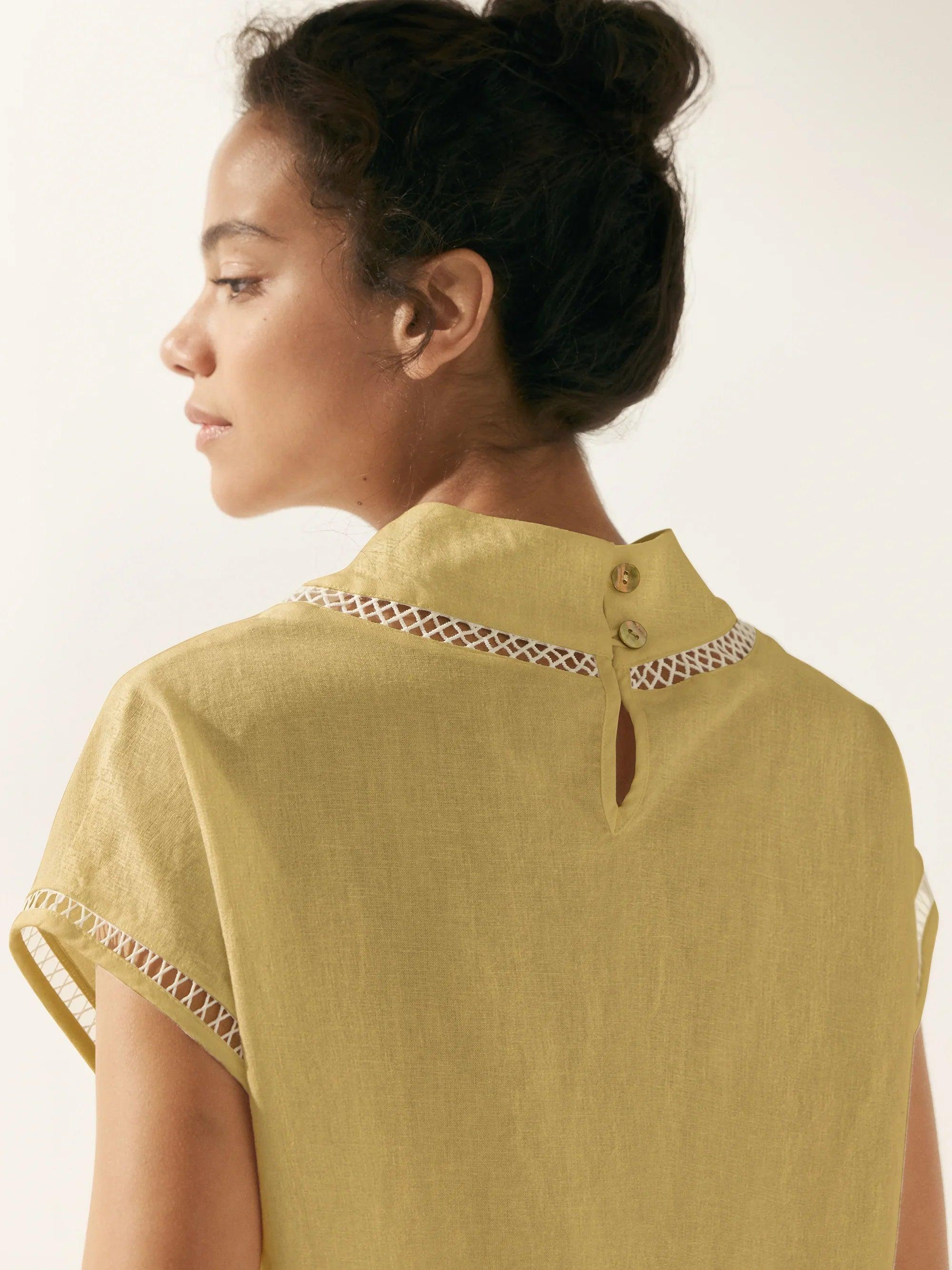 100% Linen Gingham Checked Cutout Turtleneck Top CAROL
