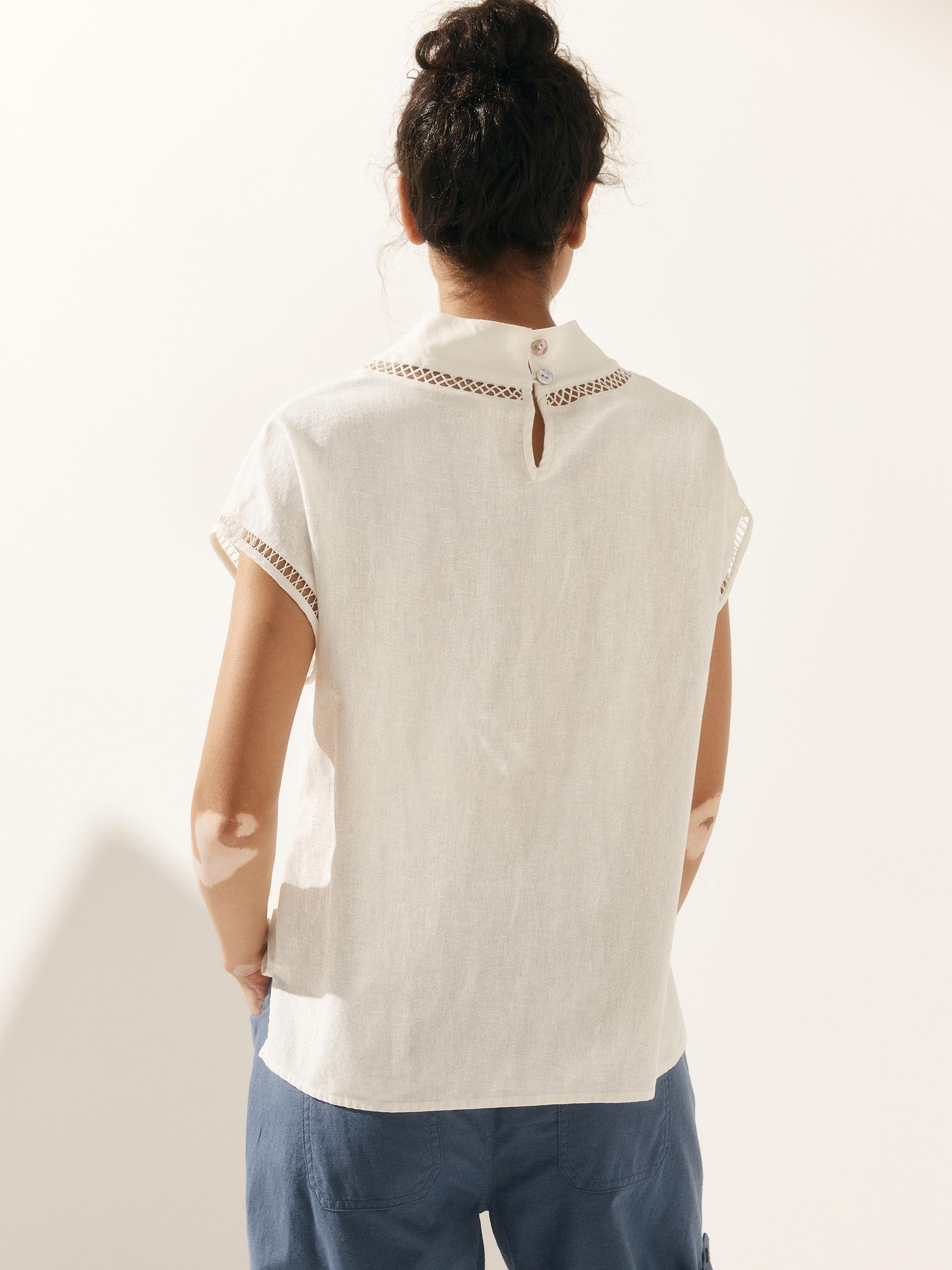 100% Linen Gingham Checked Cutout Turtleneck Top CAROL