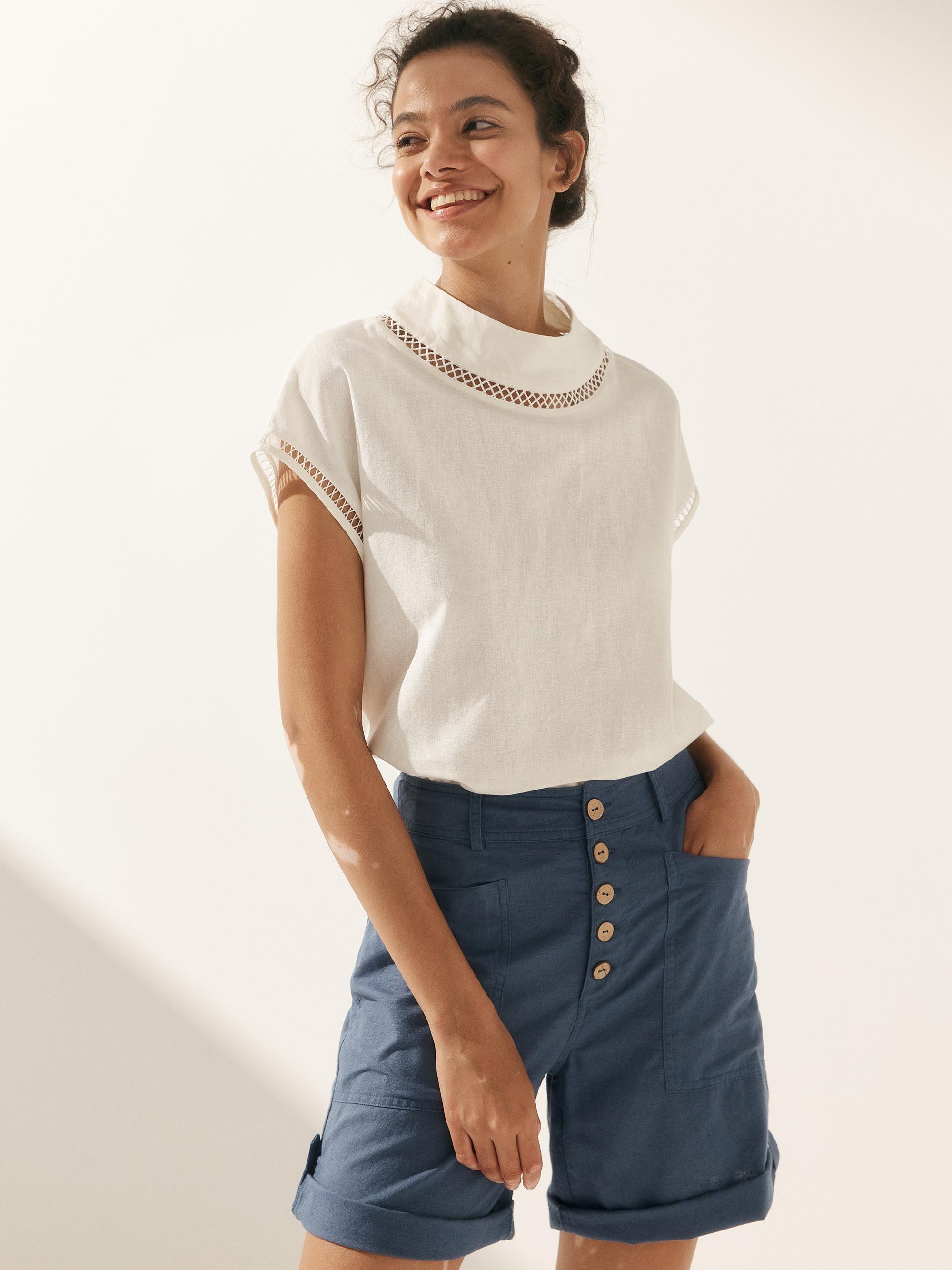 100% Linen Gingham Checked Cutout Turtleneck Top CAROL