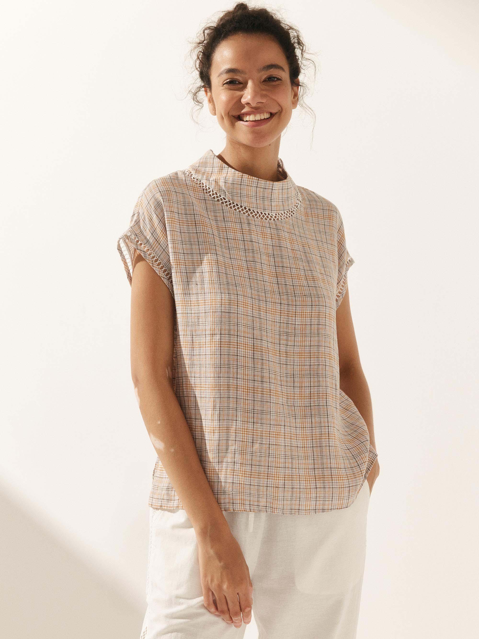 100% Linen Gingham Checked Cutout Turtleneck Top CAROL