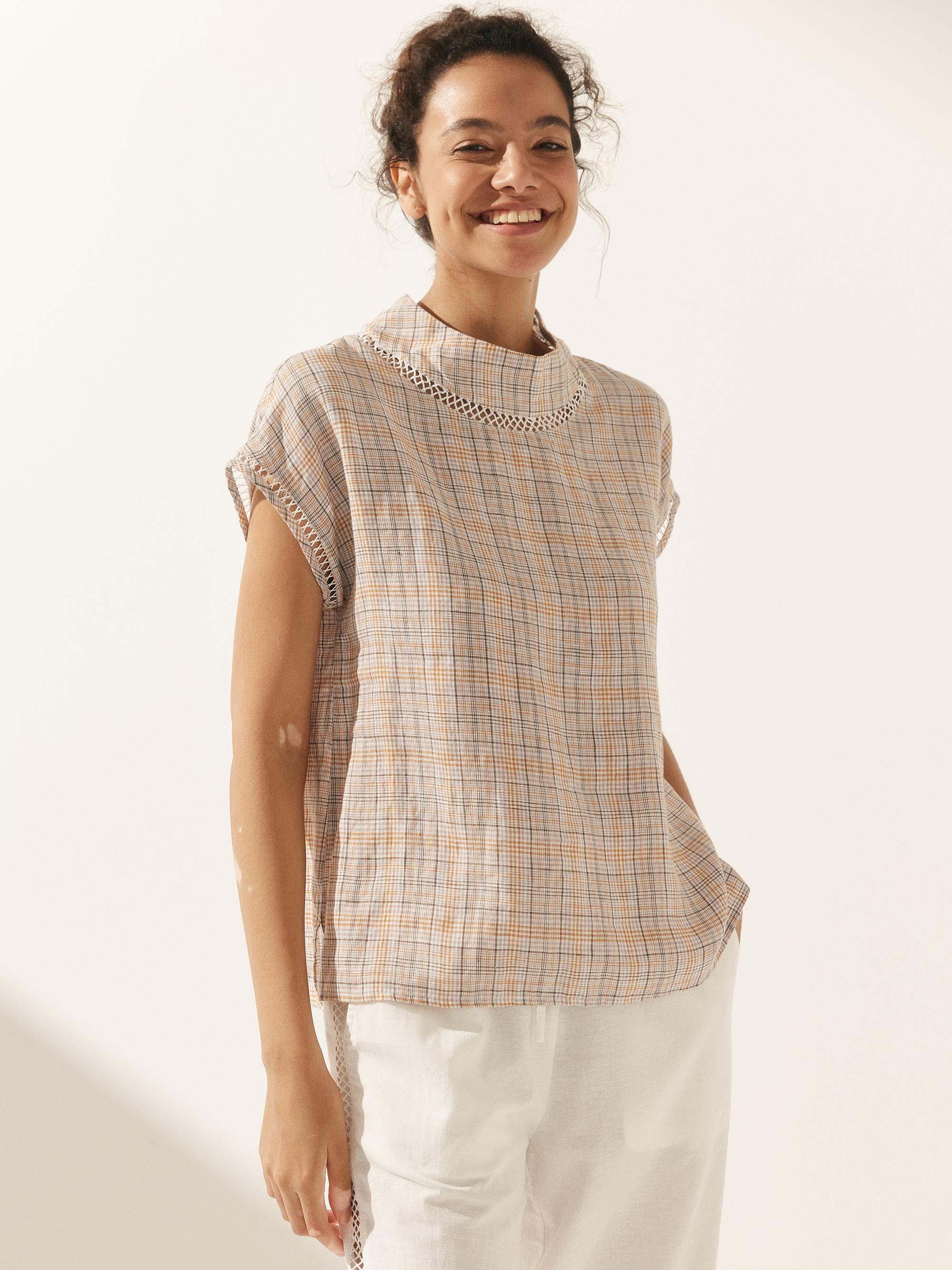 100% Linen Gingham Checked Cutout Turtleneck Top CAROL