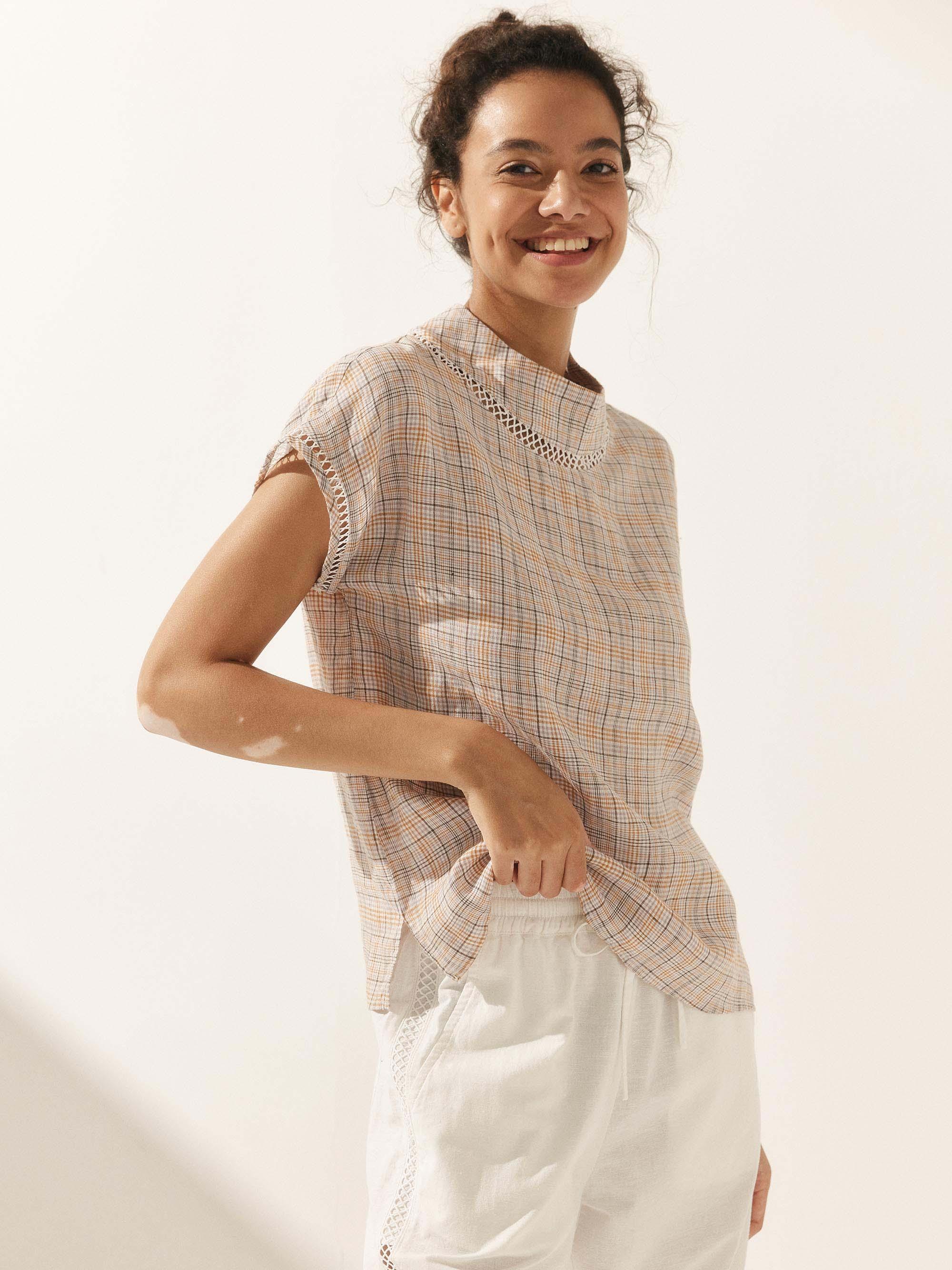 100% Linen Gingham Checked Cutout Turtleneck Top CAROL