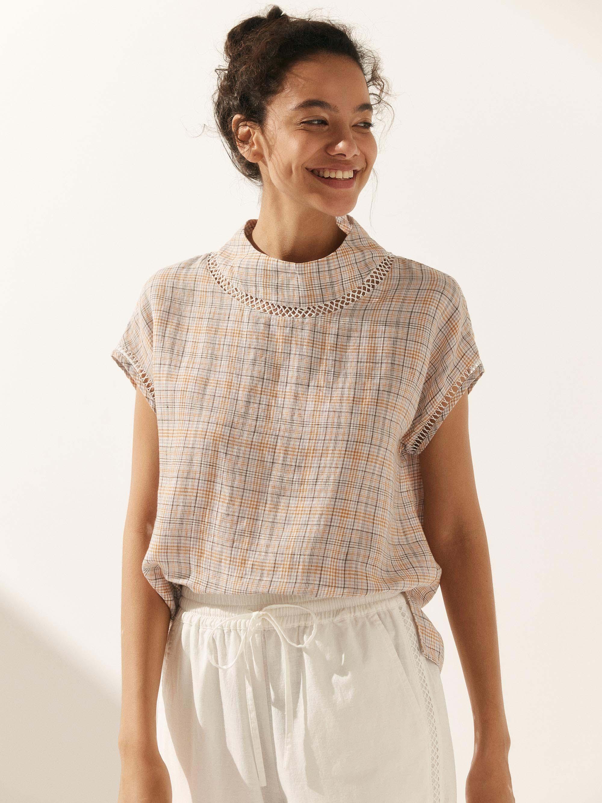 100% Linen Gingham Checked Cutout Turtleneck Top CAROL