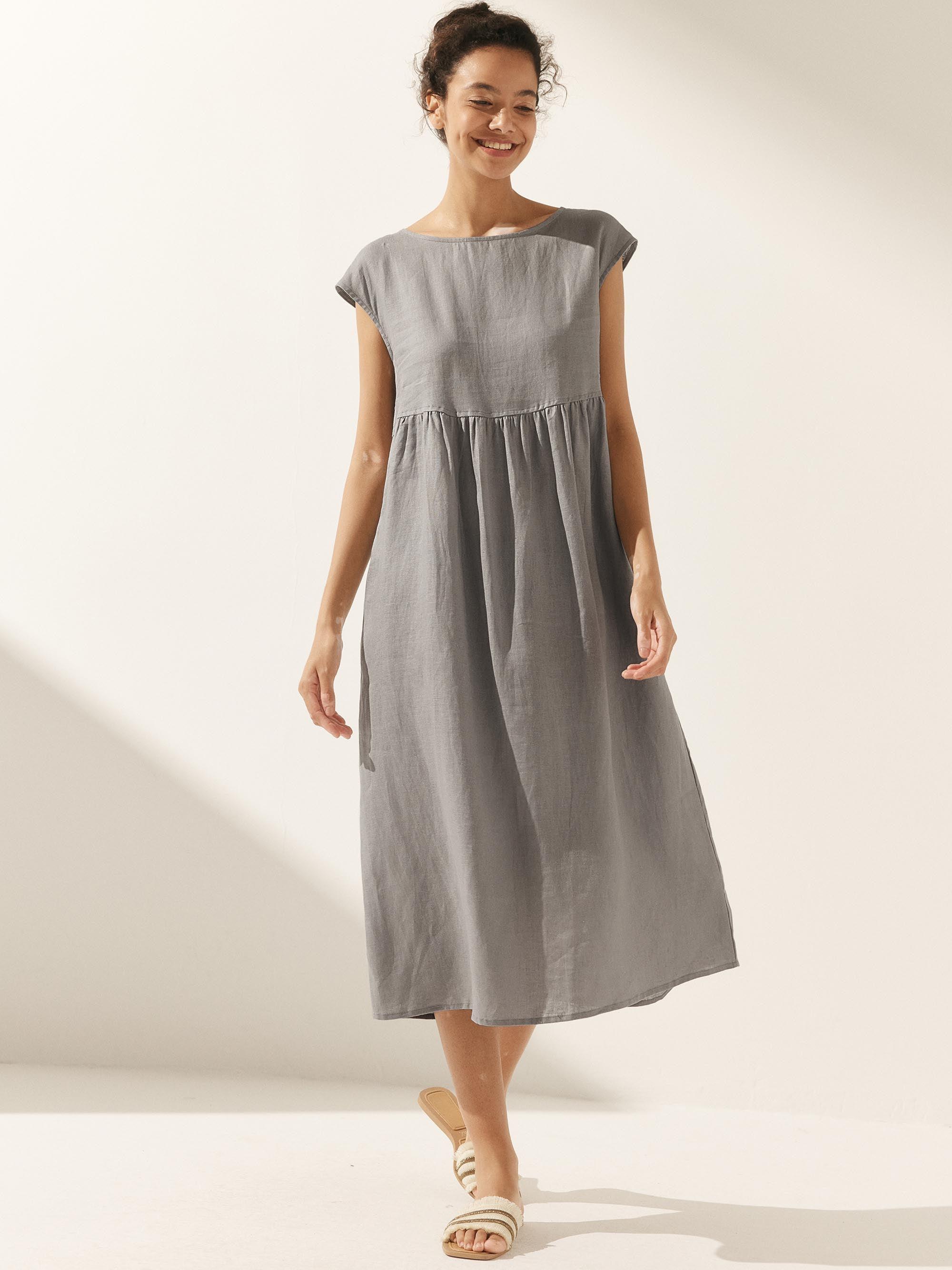 100% Linen Cap Sleeve Washed Midi Dress JOAN