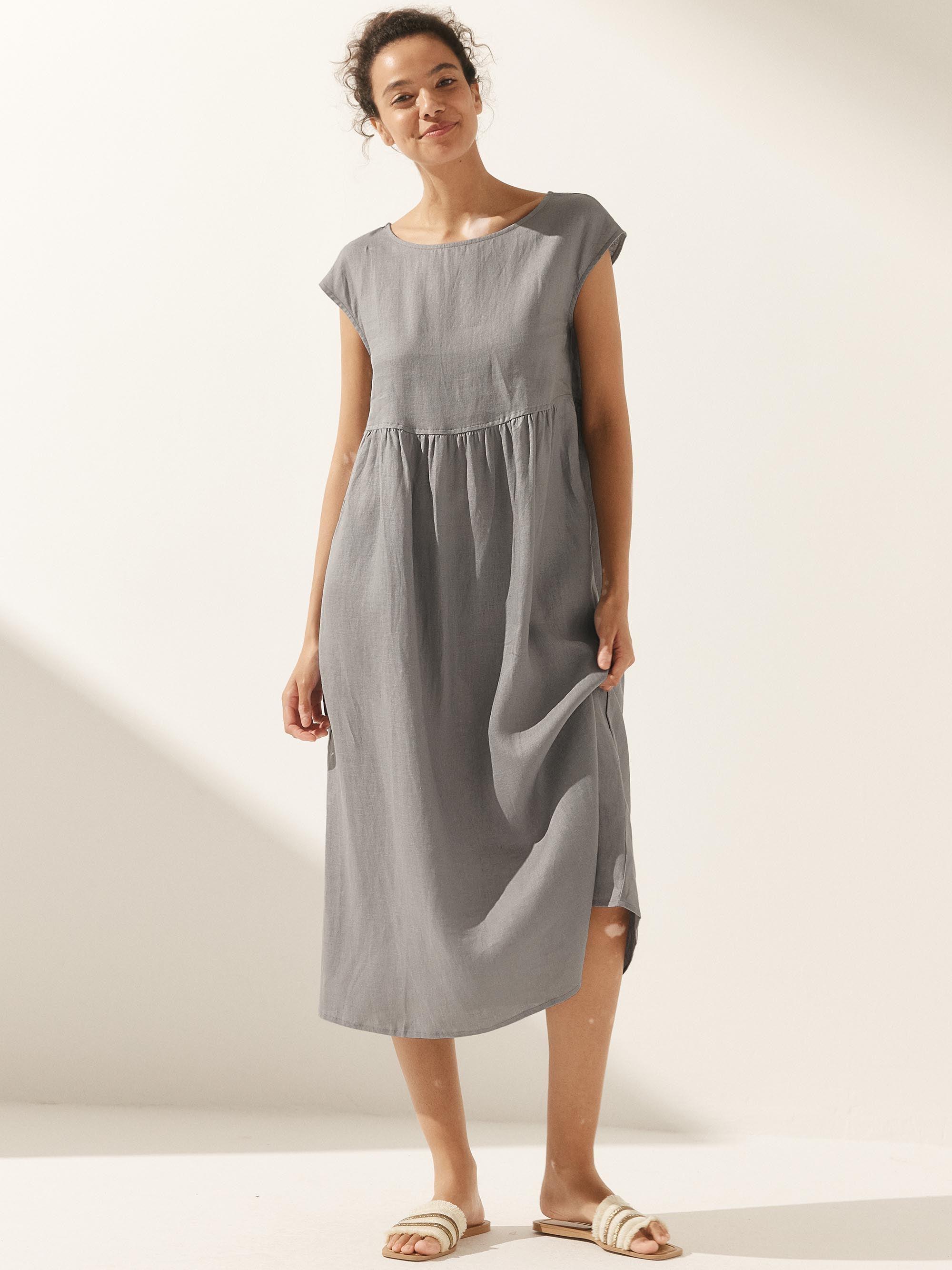 100% Linen Cap Sleeve Washed Midi Dress JOAN