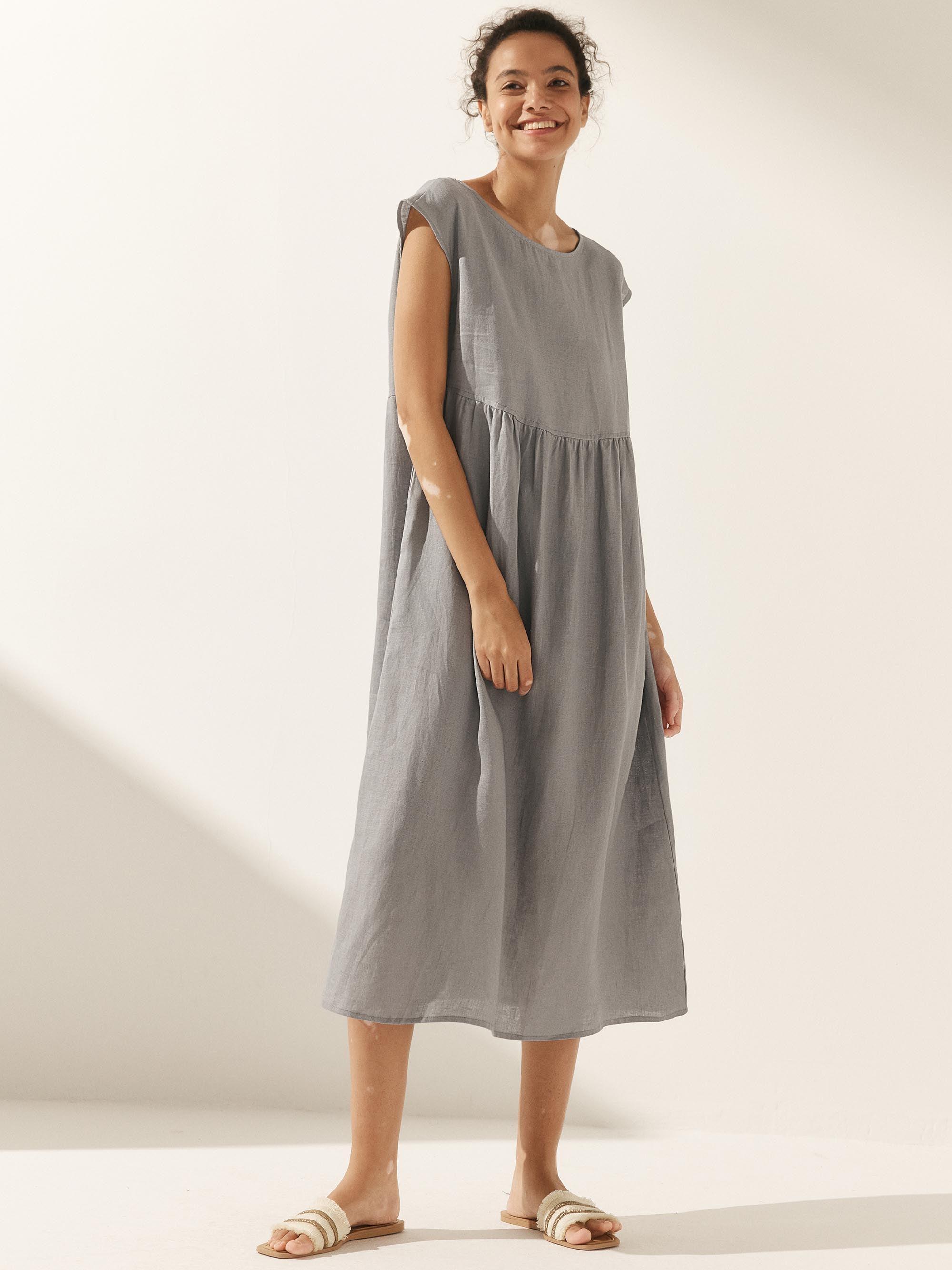 100% Linen Cap Sleeve Washed Midi Dress JOAN