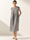100% Linen Cap Sleeve Washed Midi Dress JOAN