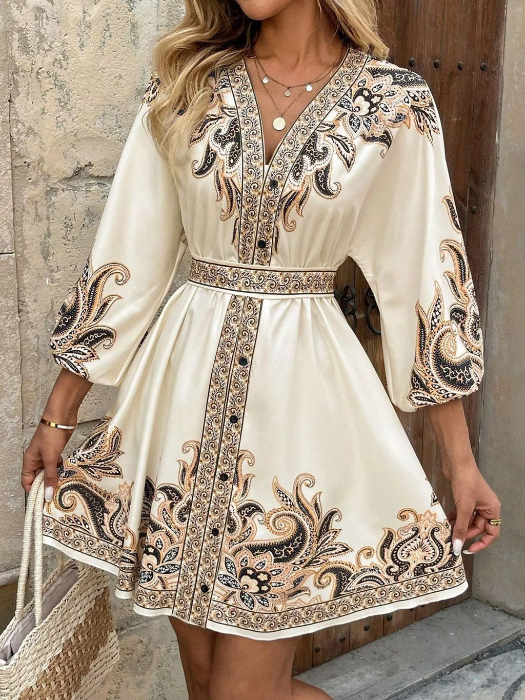 Printed Balloon Sleeve Mini Dress