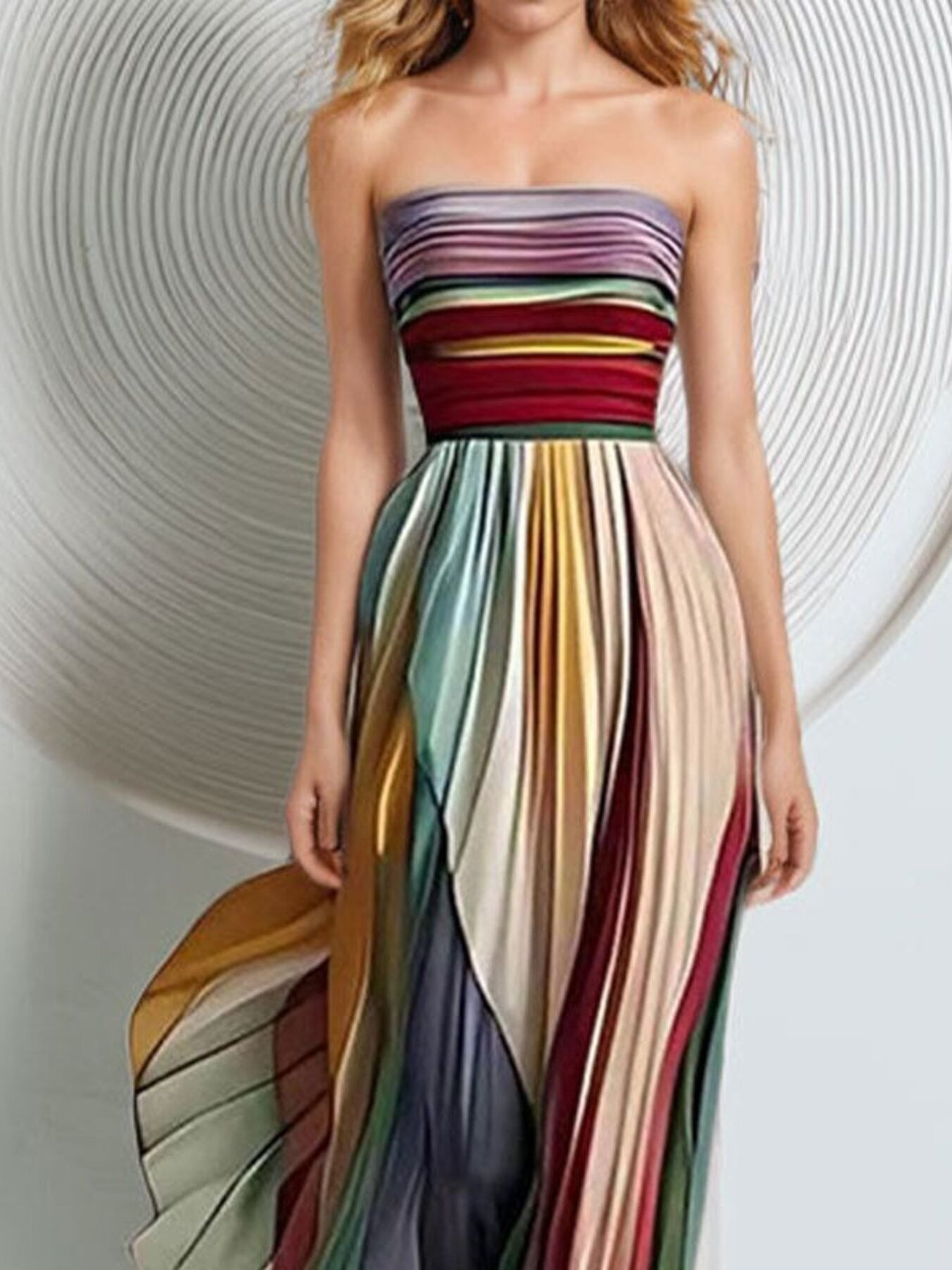 Striped Pleated Strapless Maxi Dress