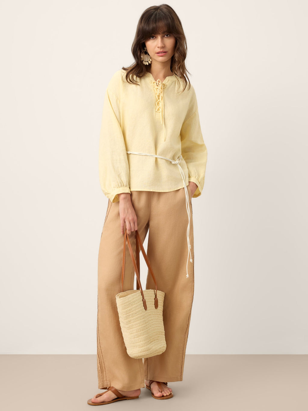 100% Linen Lace-Up Shirred Lantern Sleeve Blouse DOROTHEA