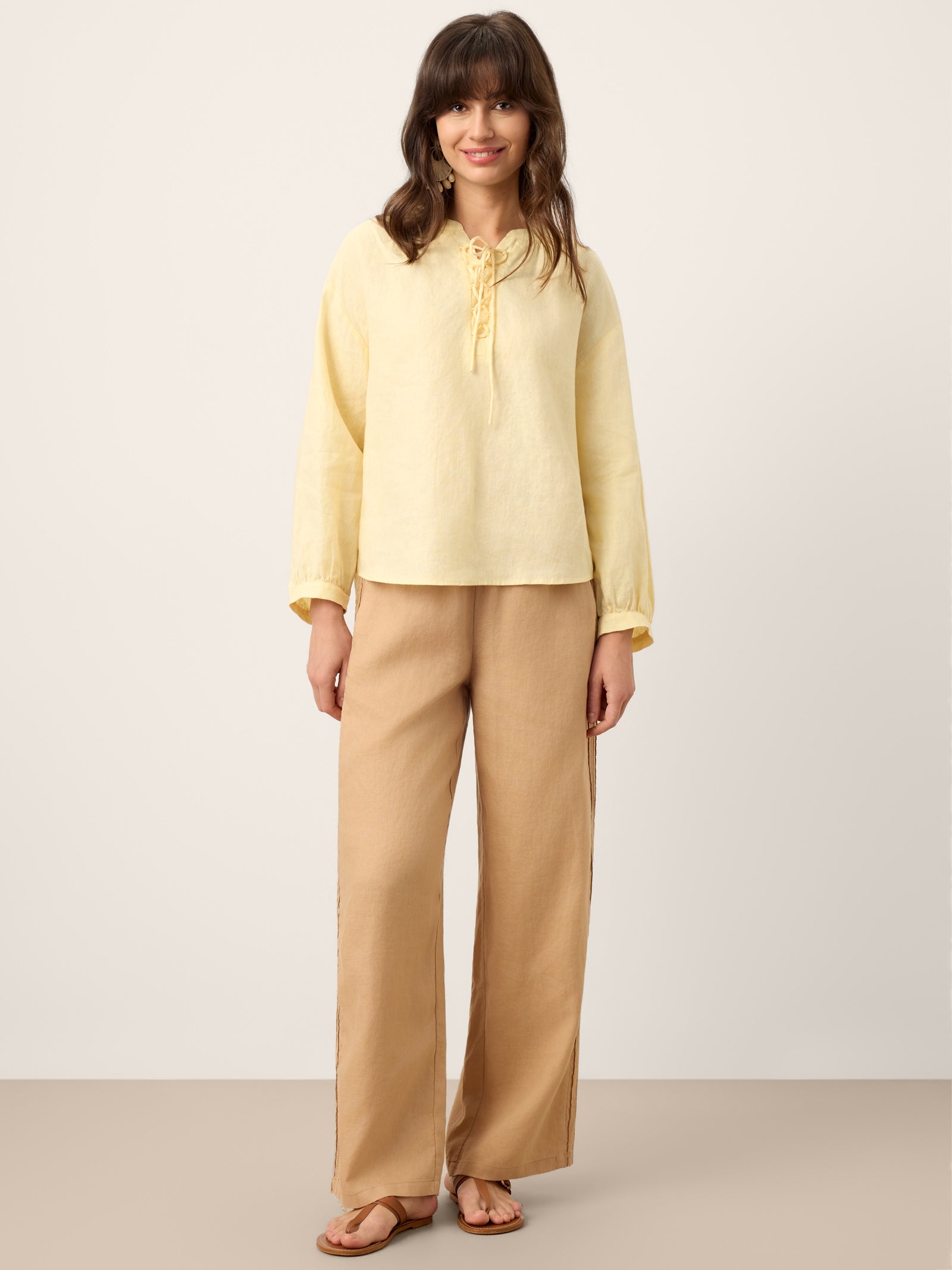 100% Linen Lace-Up Shirred Lantern Sleeve Blouse DOROTHEA