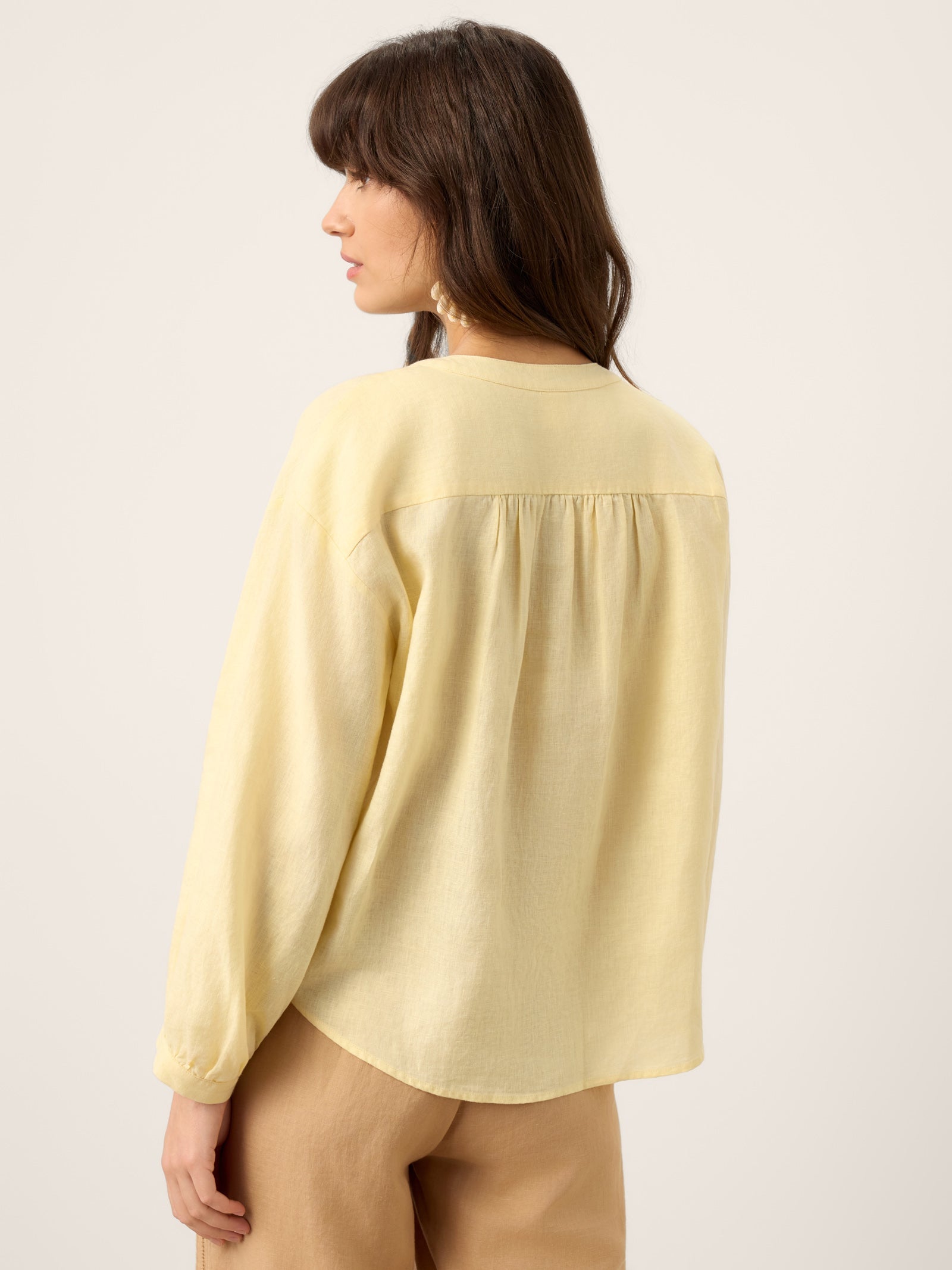 100% Linen Lace-Up Shirred Lantern Sleeve Blouse DOROTHEA