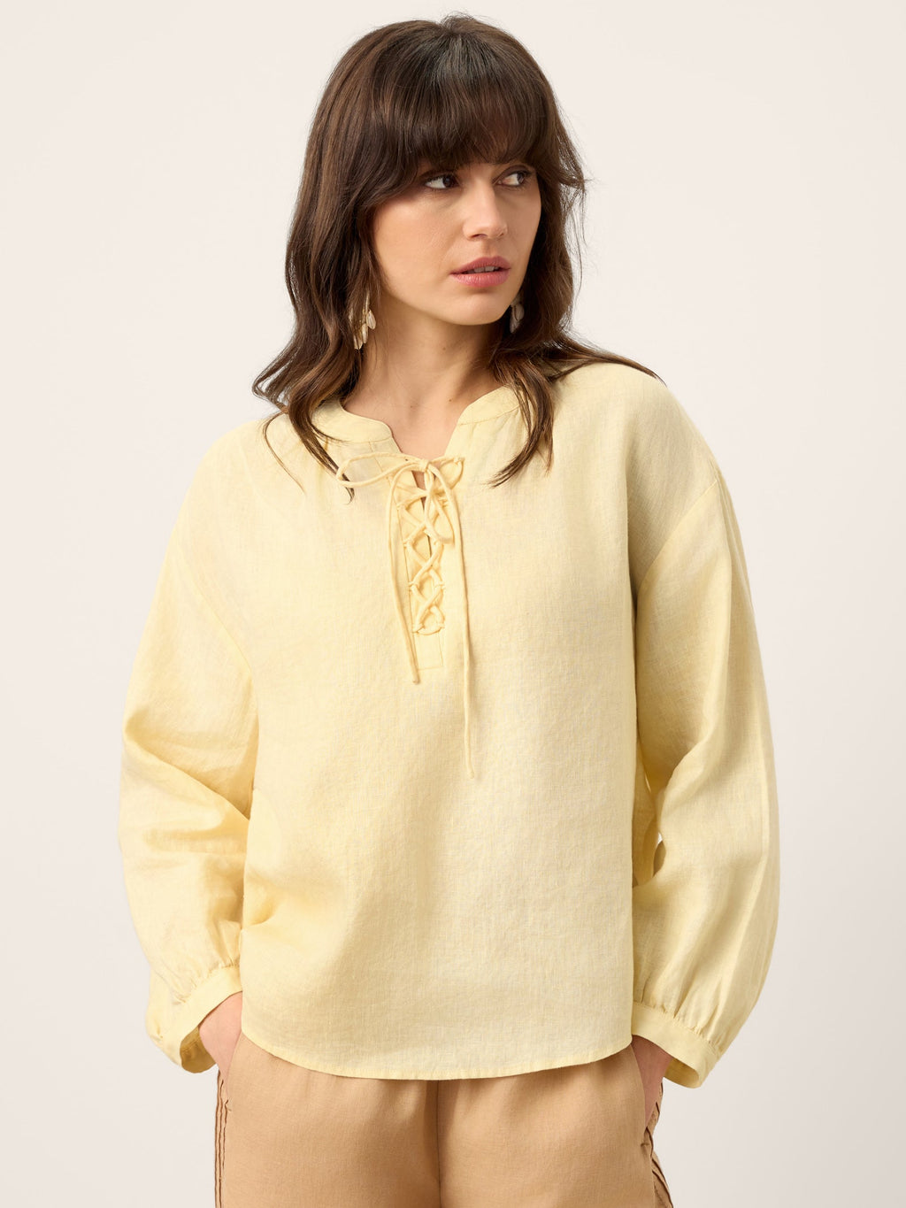 100% Linen Lace-Up Shirred Lantern Sleeve Blouse DOROTHEA