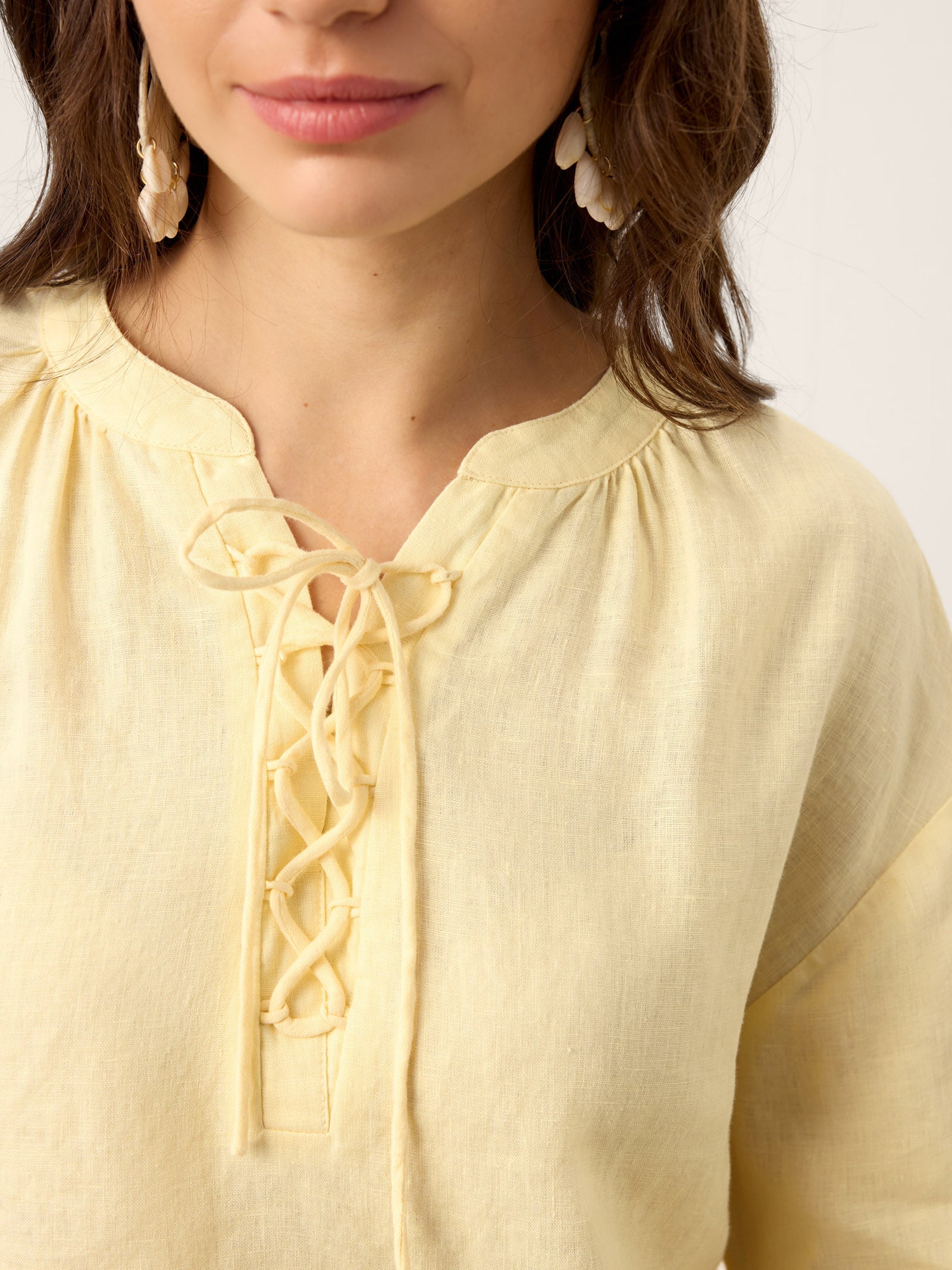 100% Linen Lace-Up Shirred Lantern Sleeve Blouse DOROTHEA