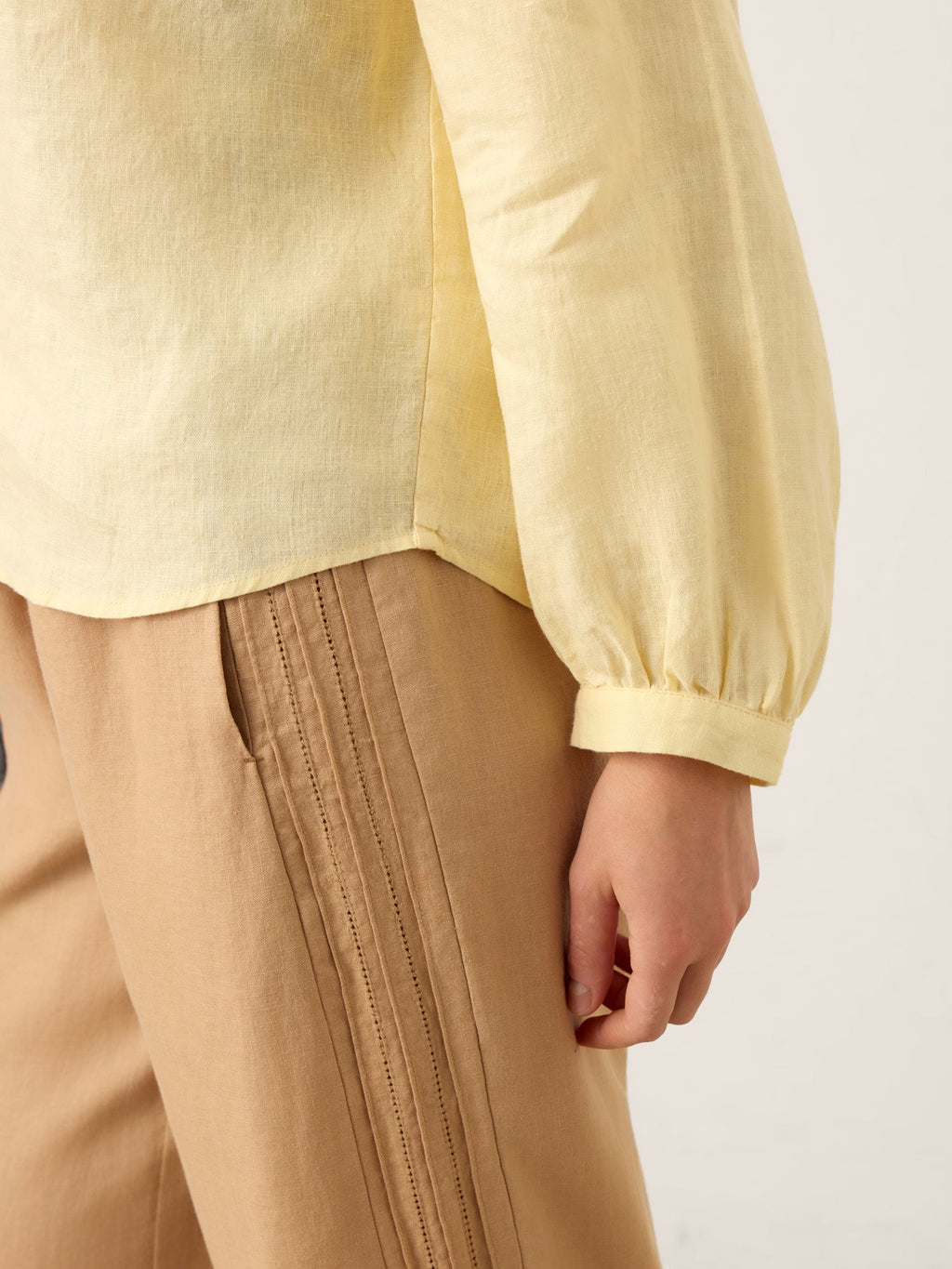 100% Linen Lace-Up Shirred Lantern Sleeve Blouse DOROTHEA