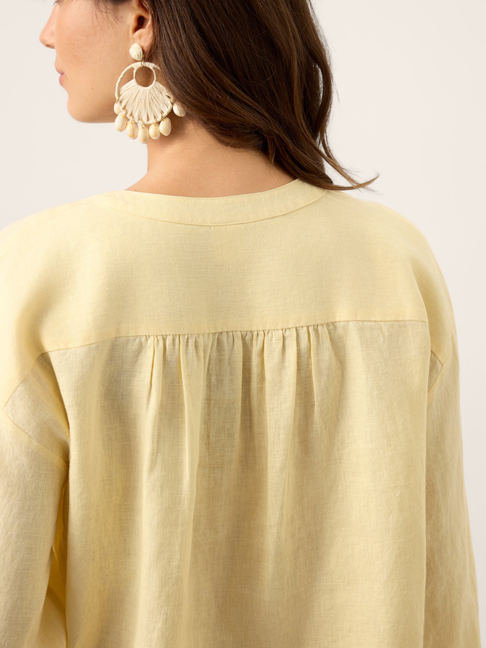 100% Linen Lace-Up Shirred Lantern Sleeve Blouse DOROTHEA