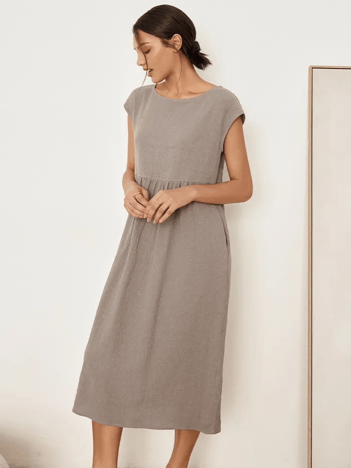 100% Linen Cap Sleeve Washed Midi Dress JOAN