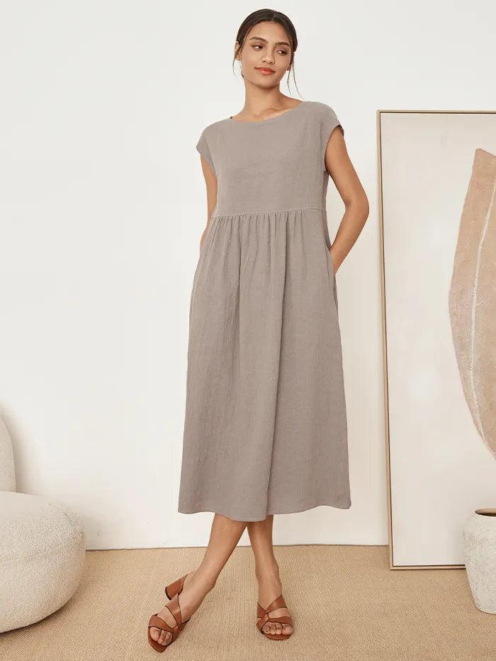 100% Linen Cap Sleeve Washed Midi Dress JOAN