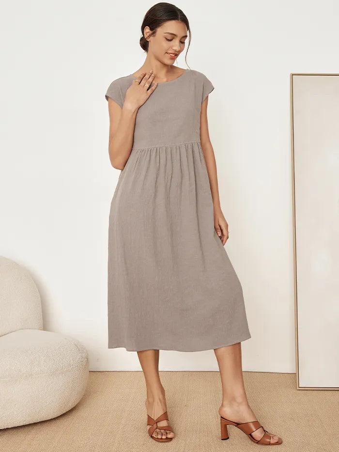 100% Linen Cap Sleeve Washed Midi Dress JOAN