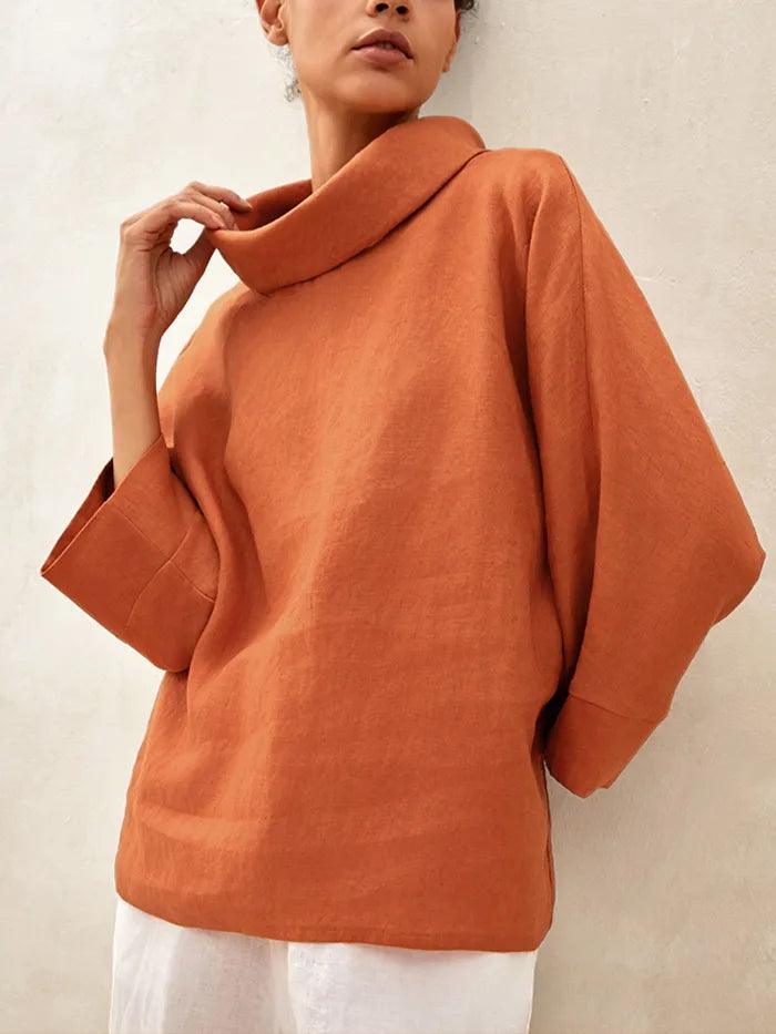 100% Linen Dropped Collar Long-Sleeve Top TRISTAN