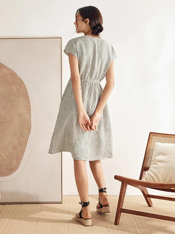 100% Linen Striped Elastic-Waist Mini Dress ARIA