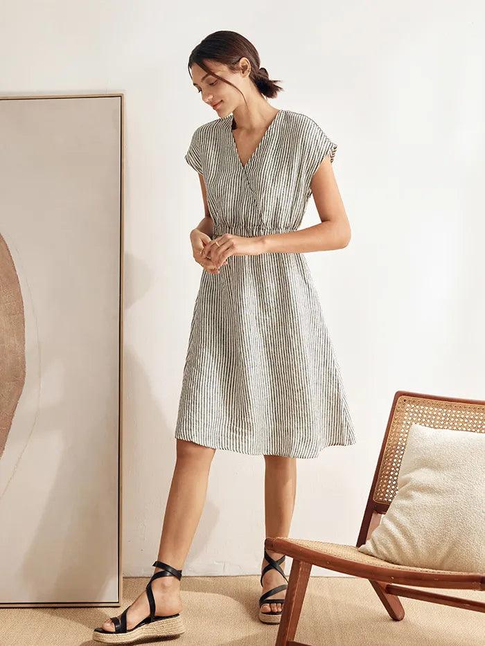 100% Linen Striped Elastic-Waist Mini Dress ARIA
