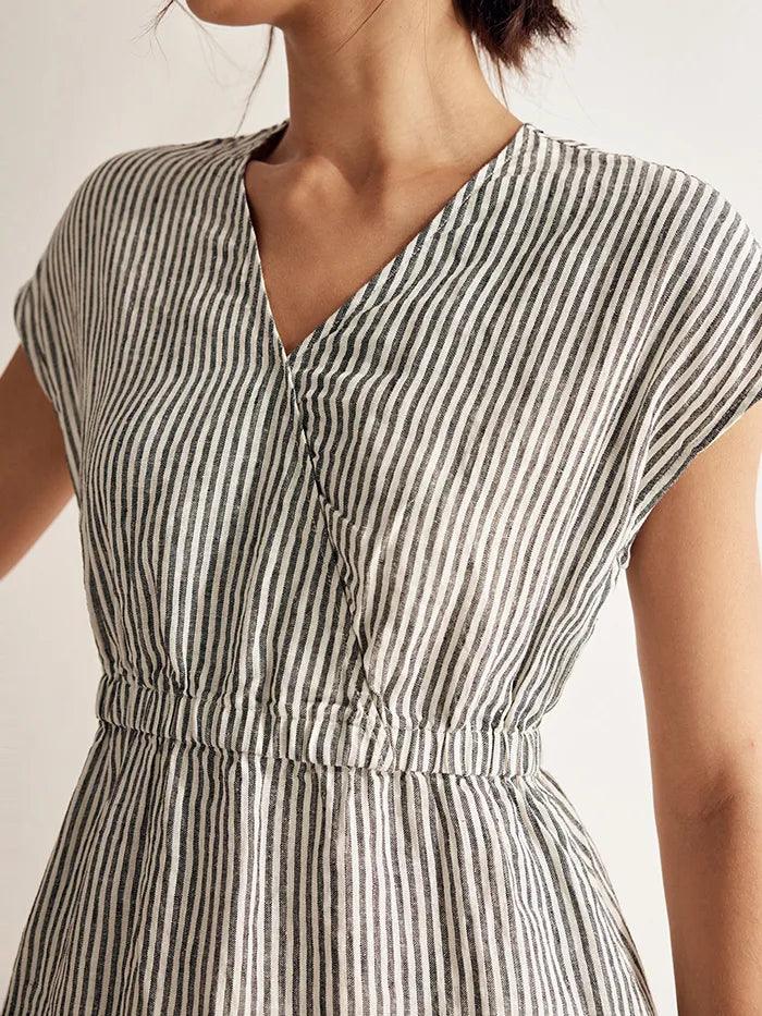 100% Linen Striped Elastic-Waist Mini Dress ARIA
