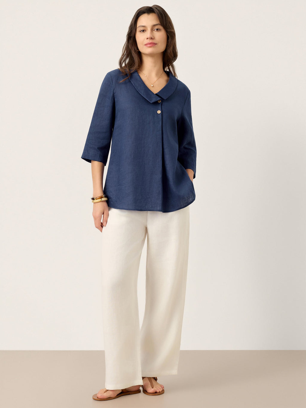 100% Linen Asymmetric Collar Inverted Pleat Top OTTILIE